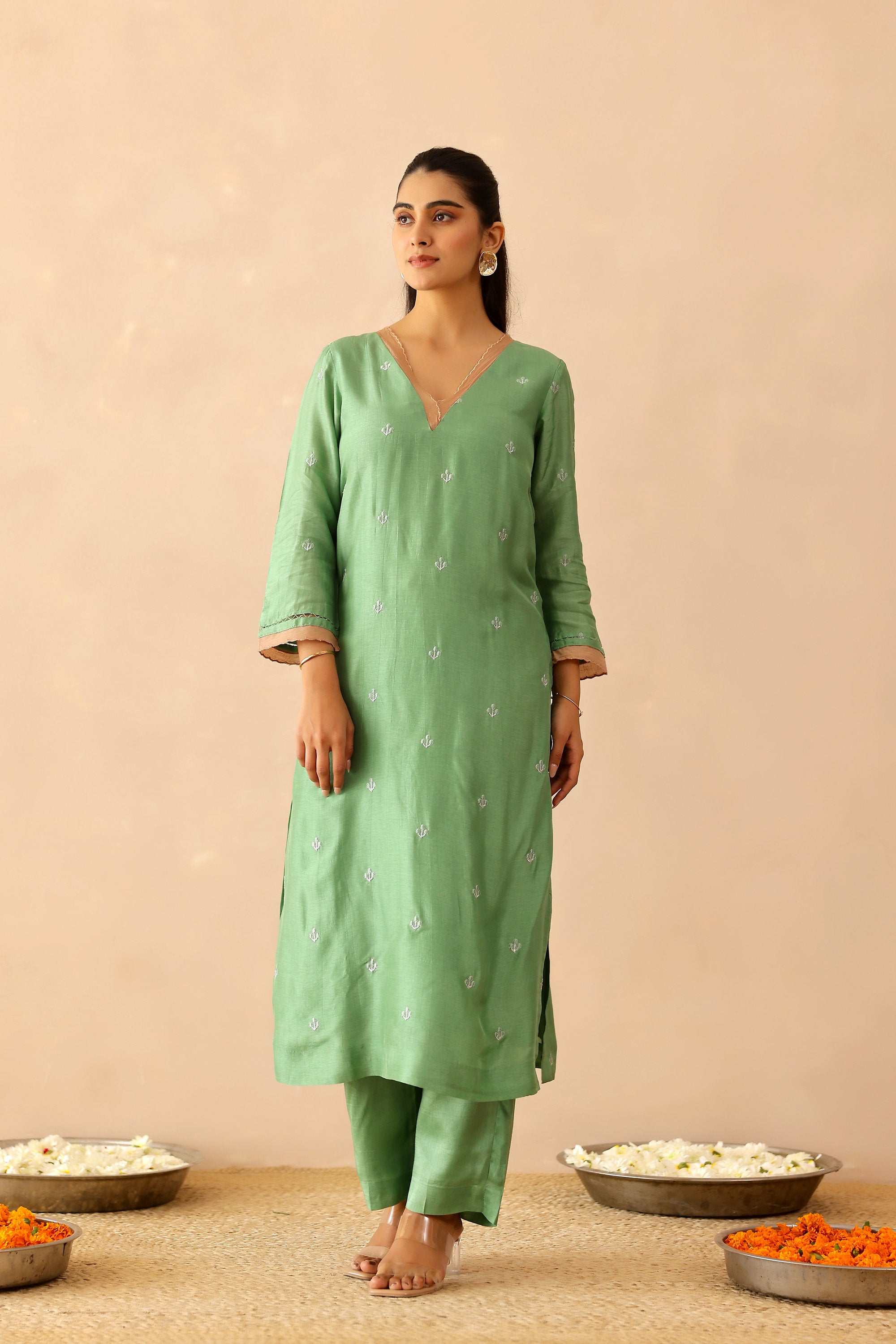 Silk Female Green Suit Set