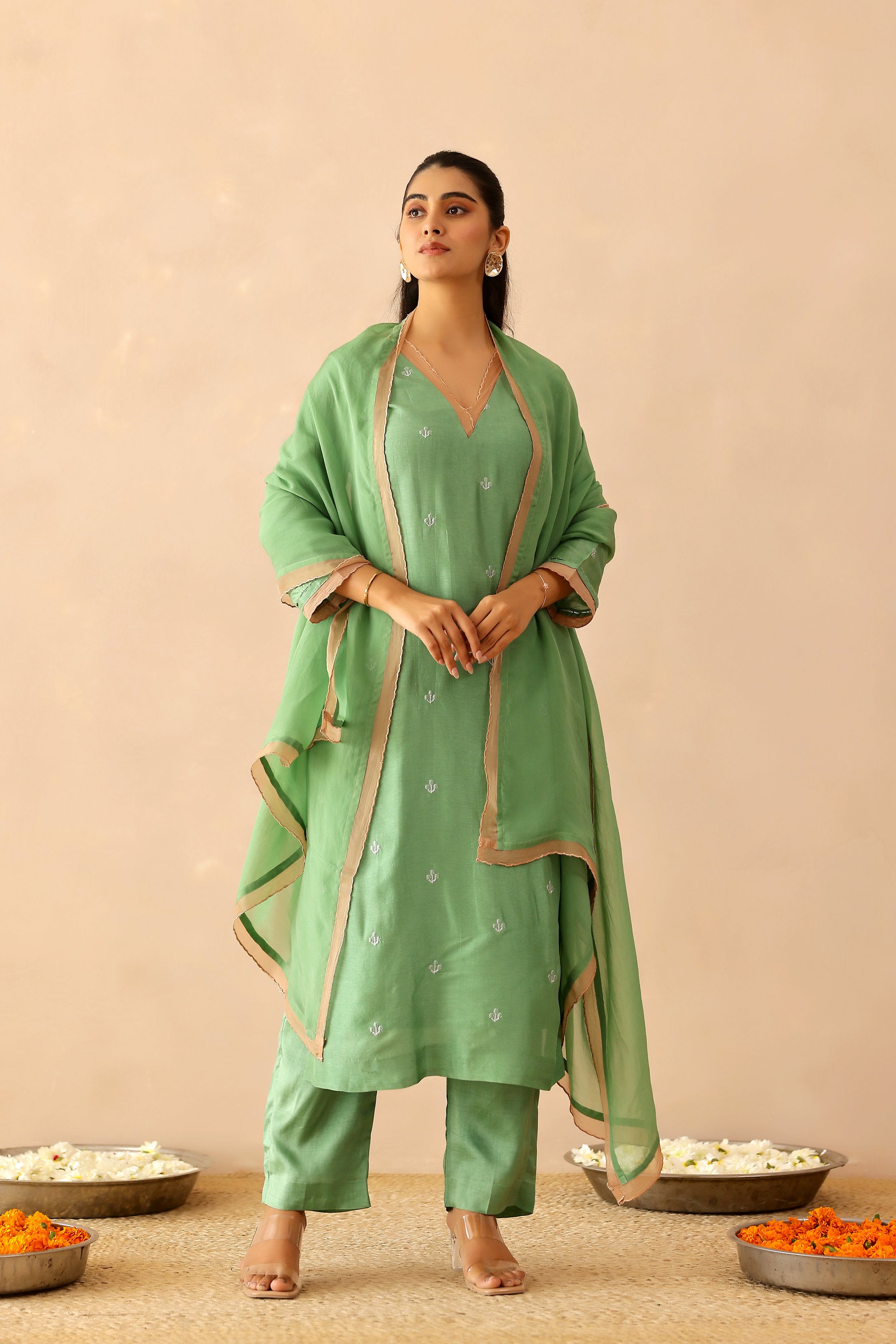 Silk Female Green Suit Set