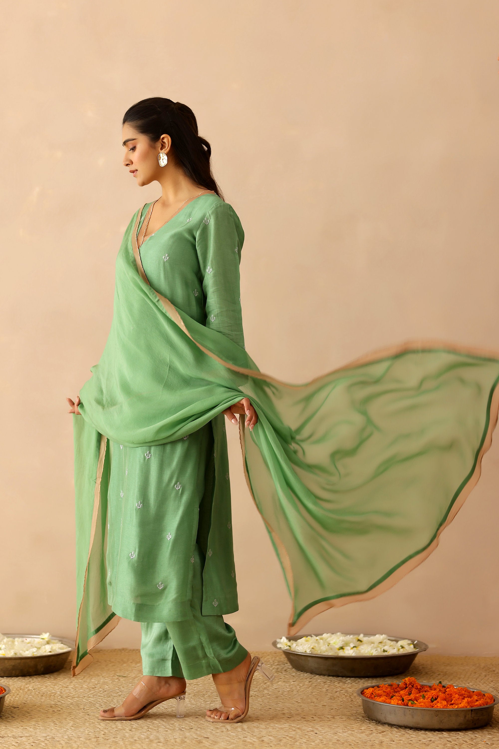 Silk Female Green Suit Set