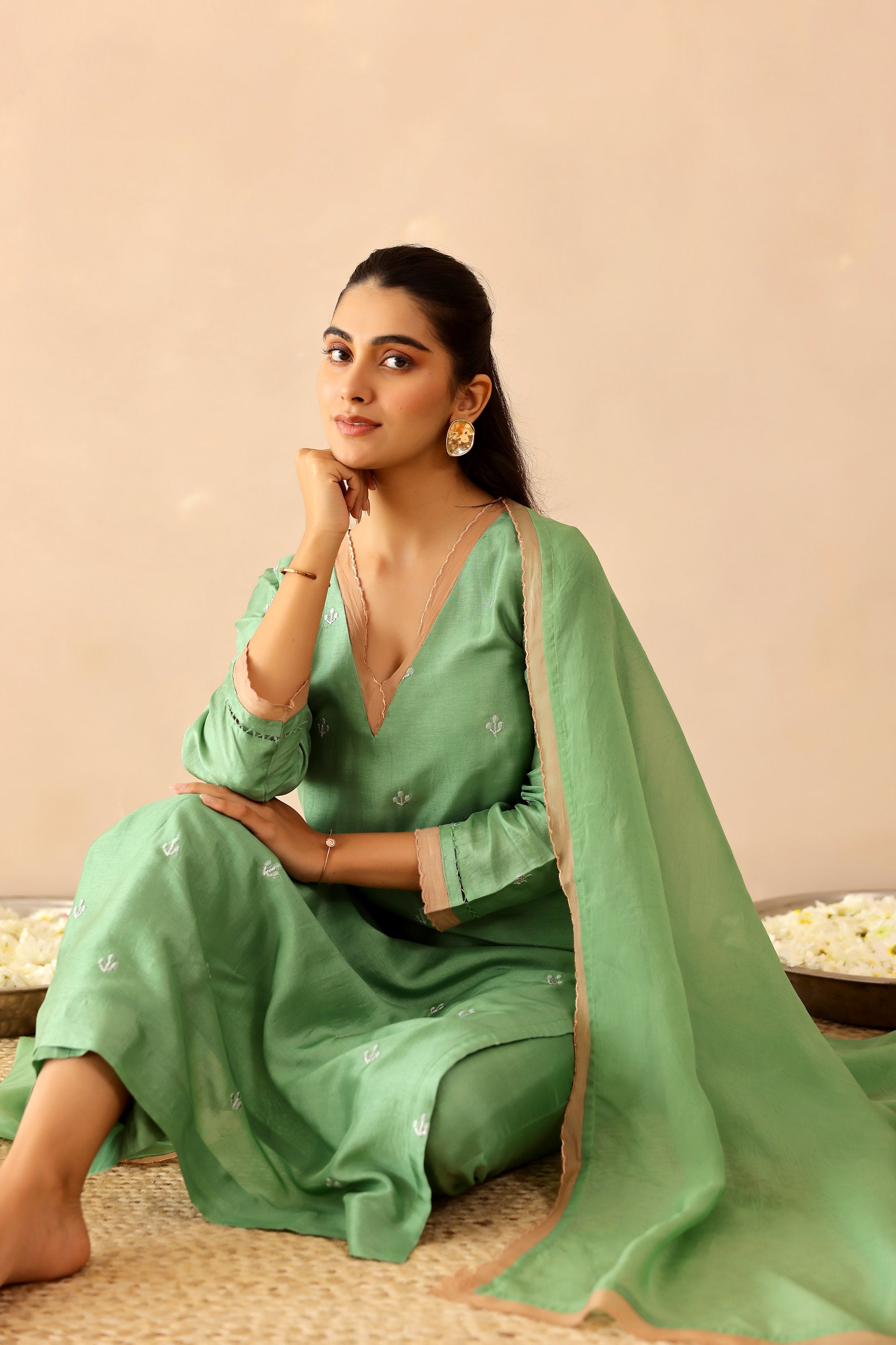 Silk Female Green Suit Set