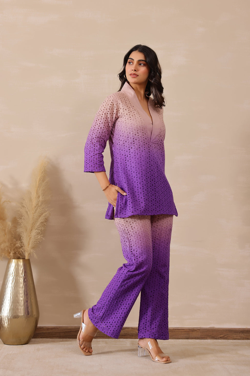 Cotton Shiffli Female Purple Coord set