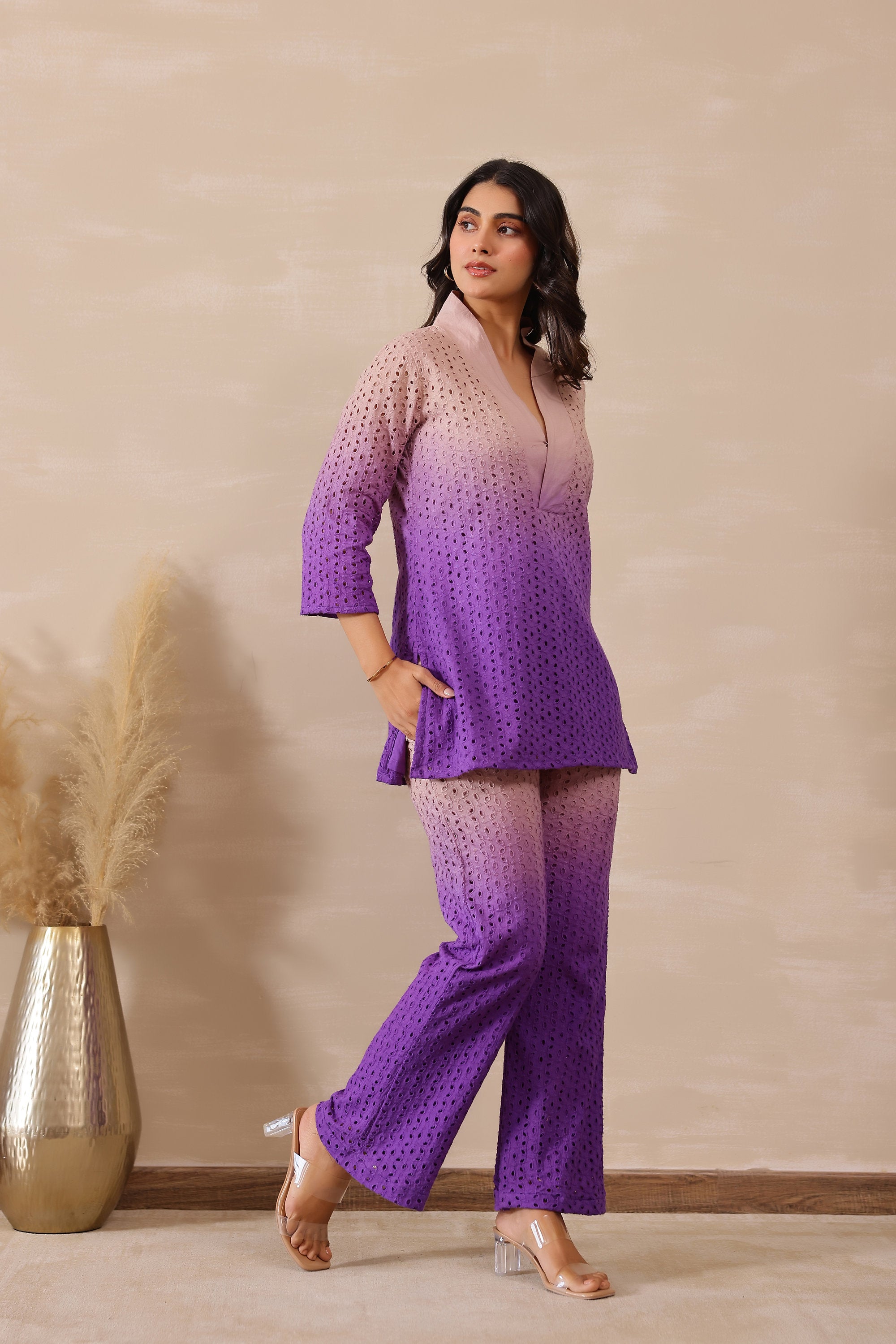 Cotton Shiffli Female Purple Coord set