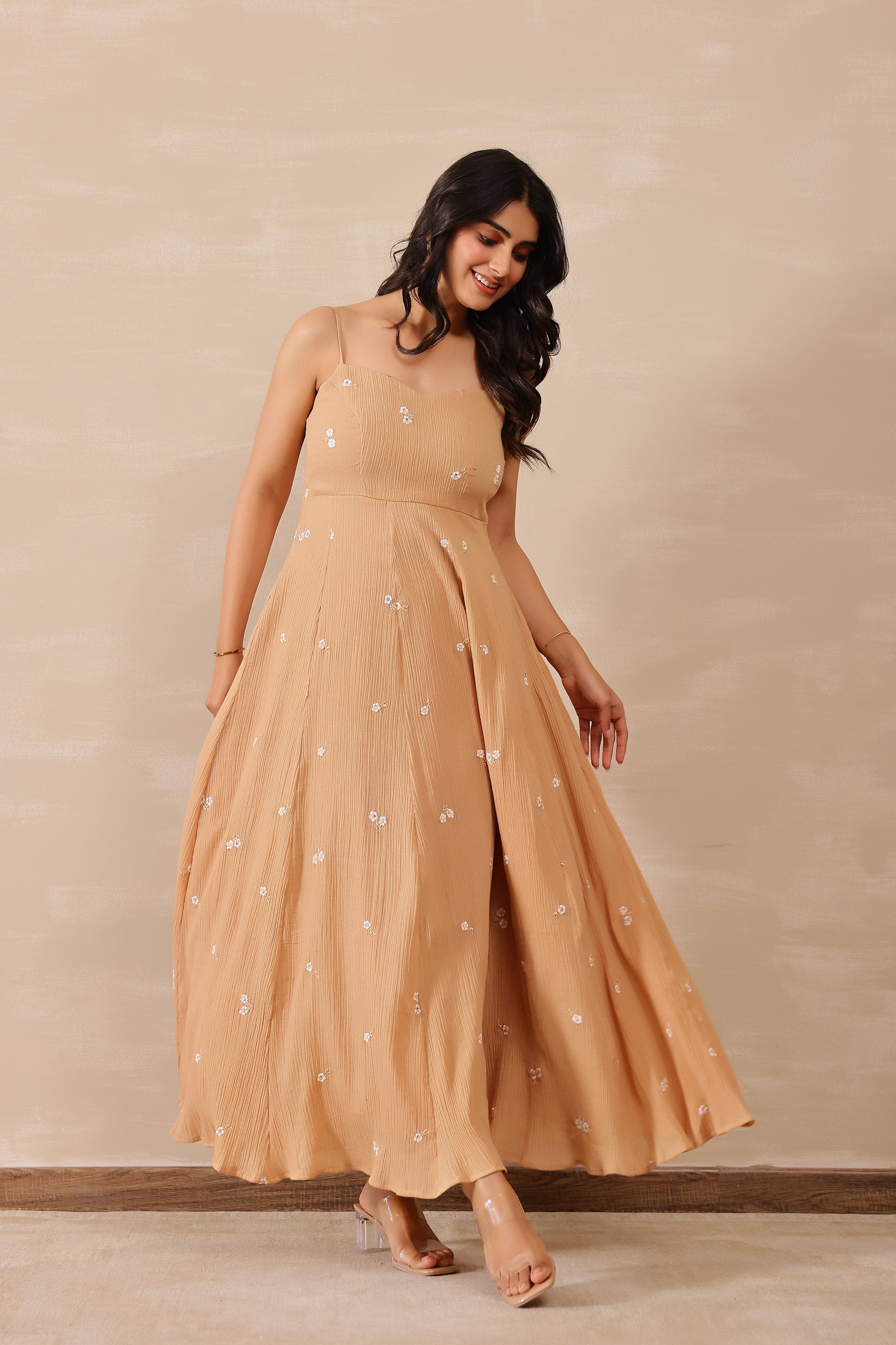 Cotton Crepe Female Beige Dress