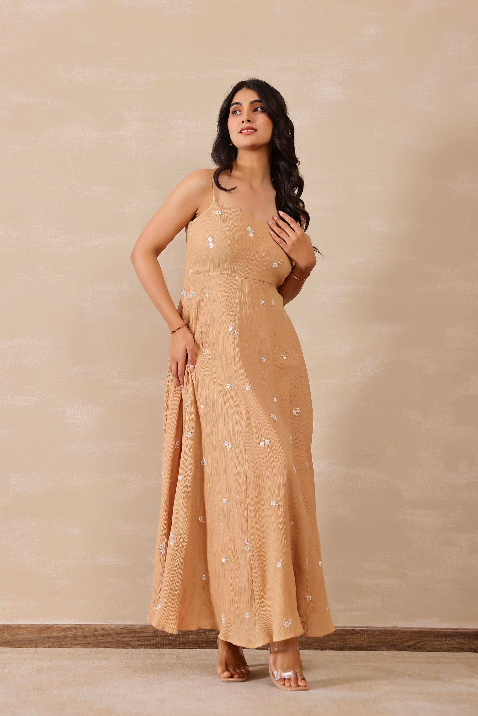 Cotton Crepe Female Beige Dress