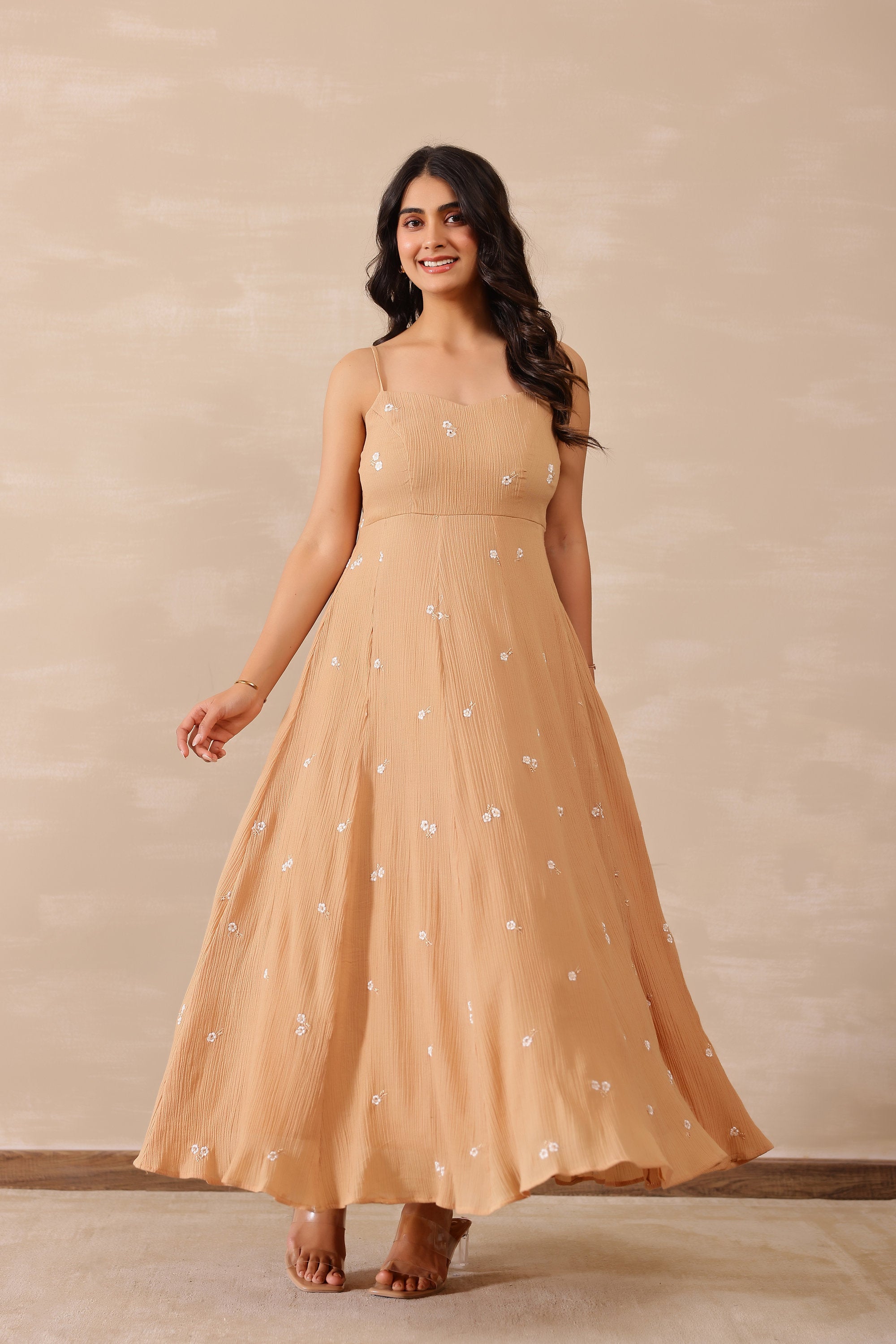 Cotton Crepe Female Beige Dress