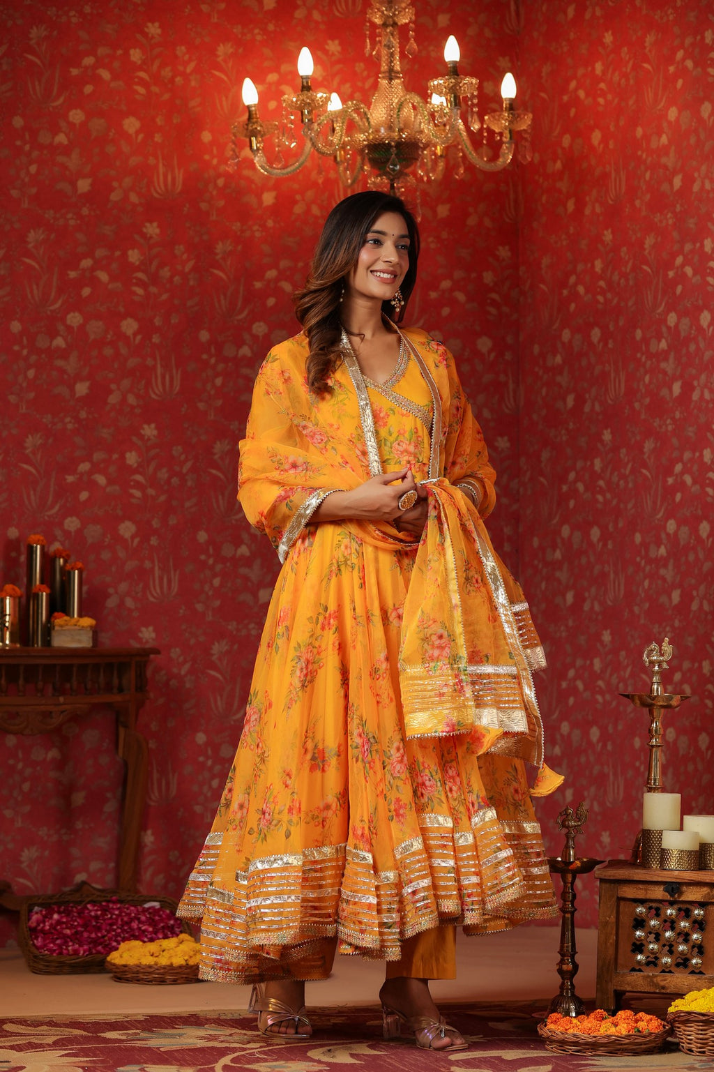 Saffron Yellow Organza Anarkali Set