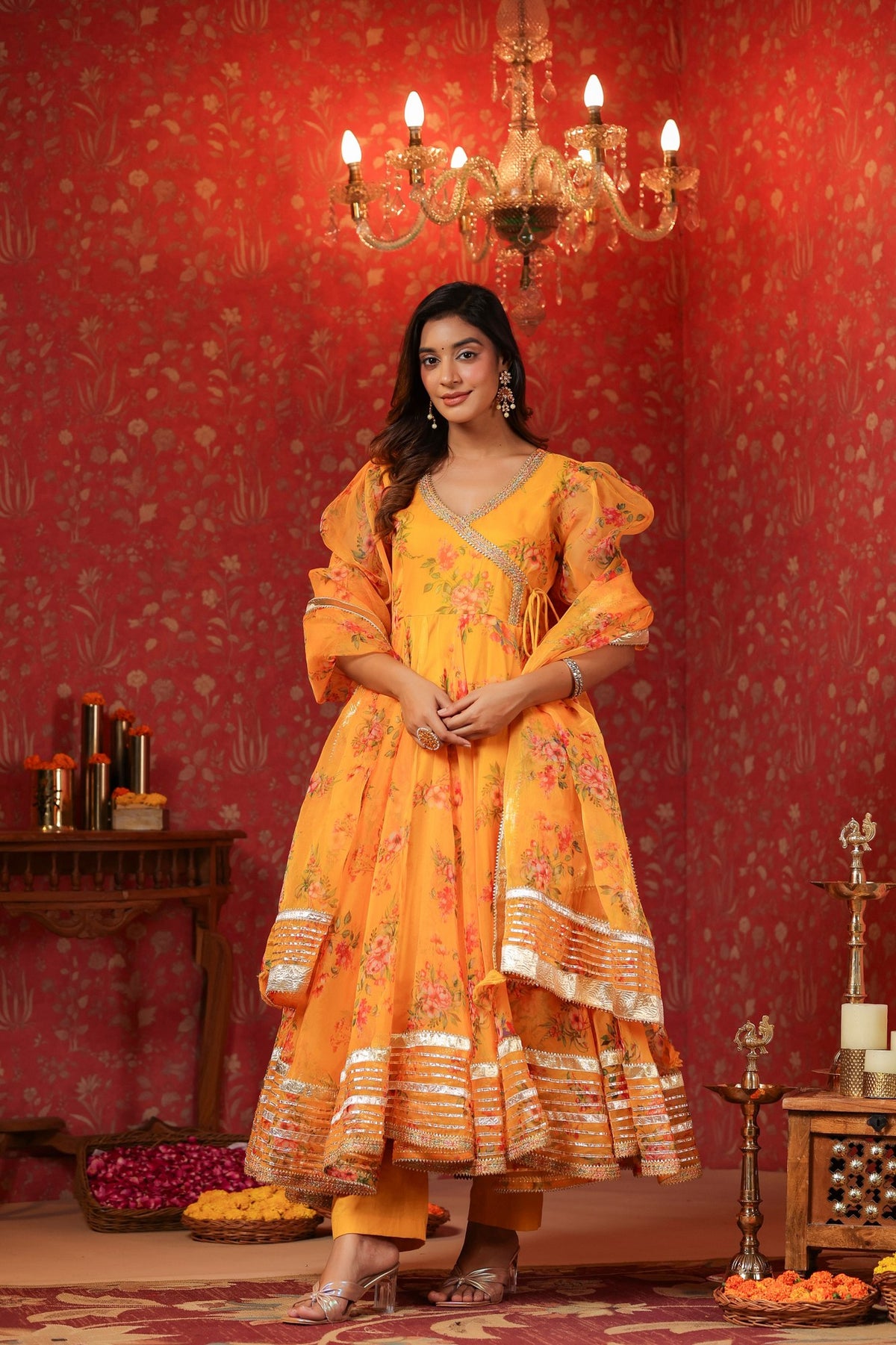 Saffron Yellow Organza Anarkali Set