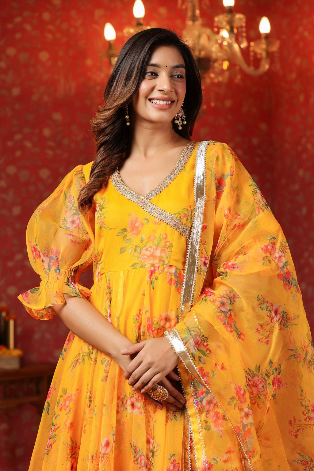 Saffron Yellow Organza Anarkali Set