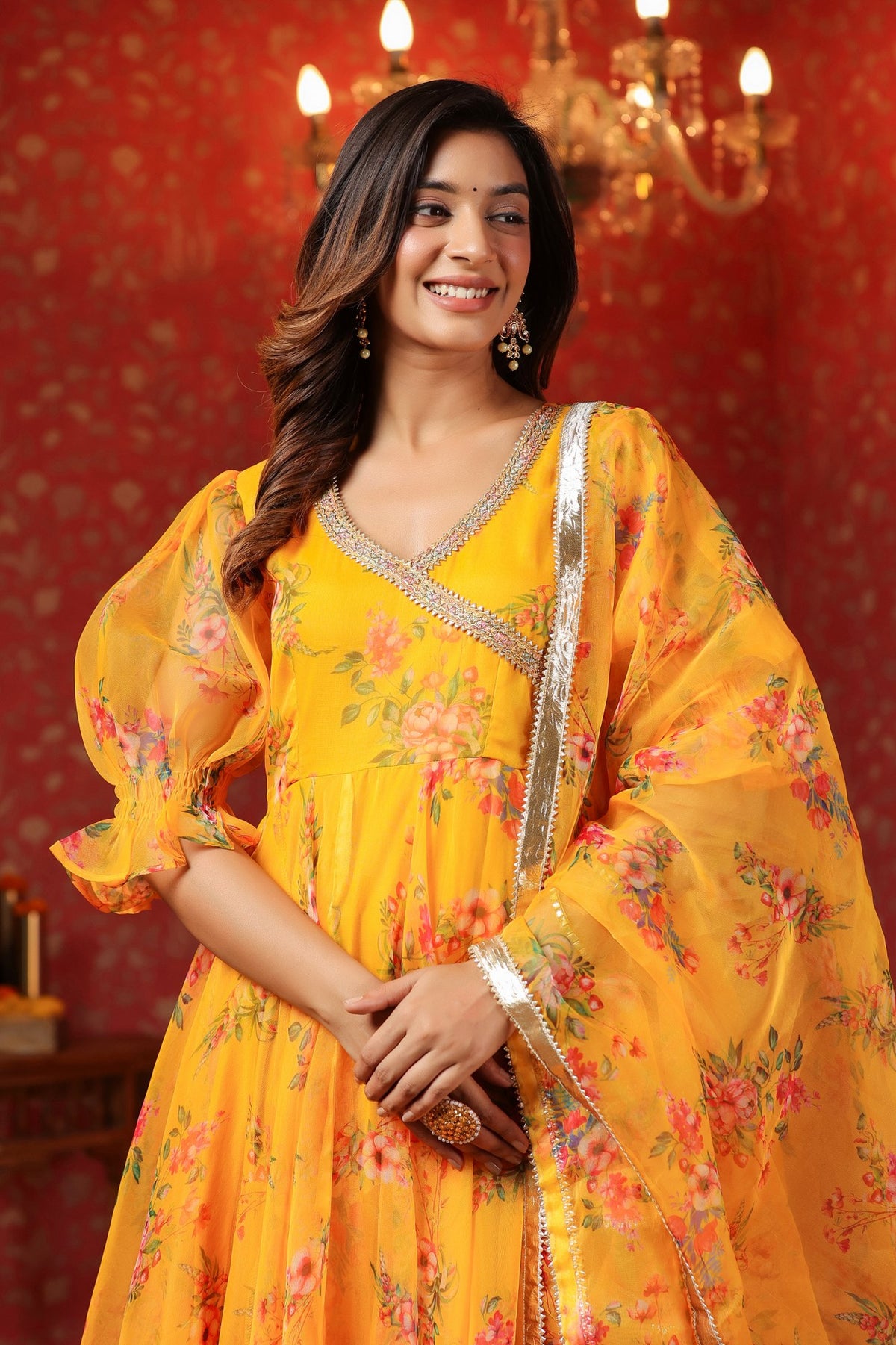 Saffron Yellow Organza Anarkali Set