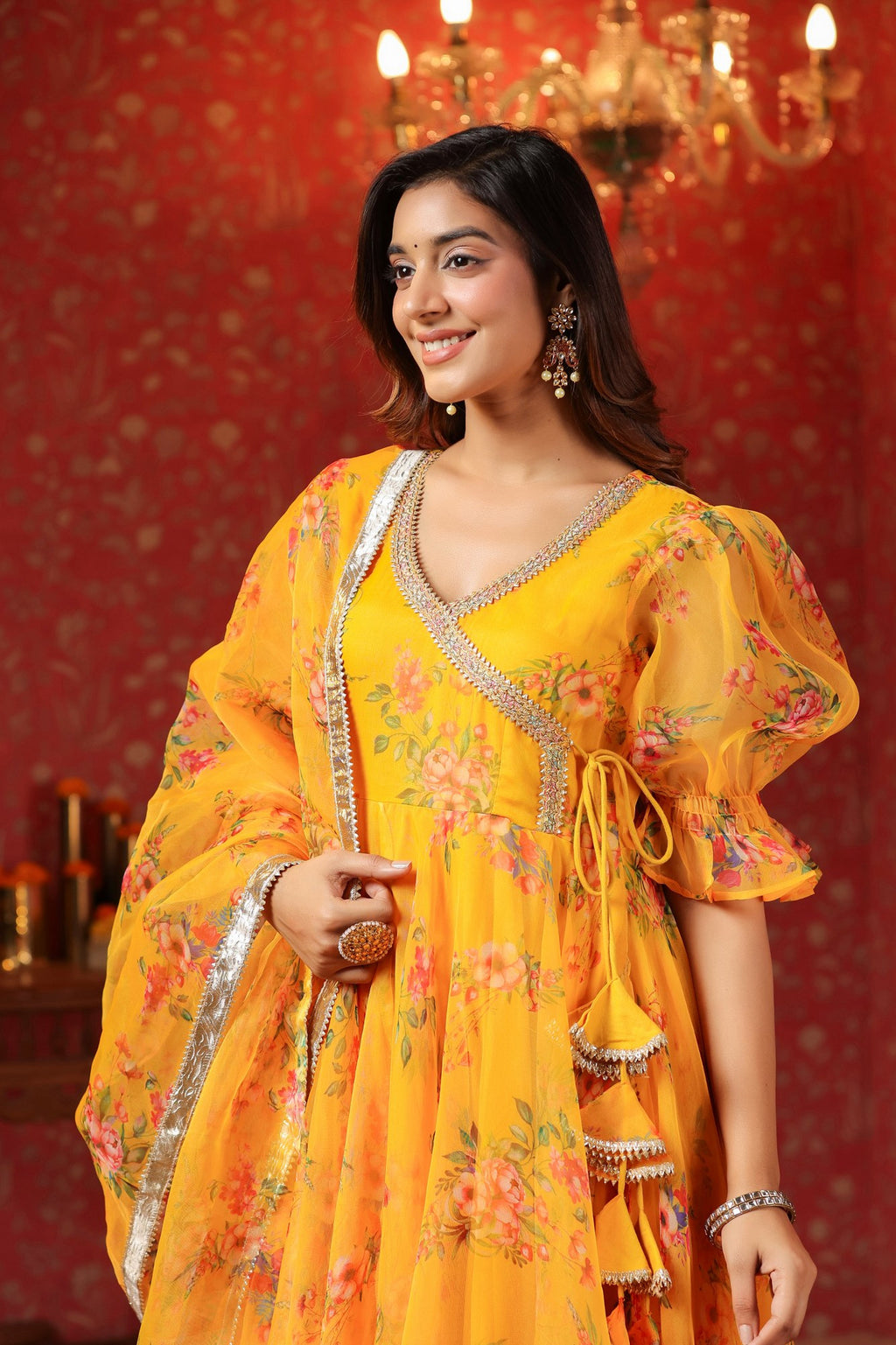 Saffron Yellow Organza Anarkali Set
