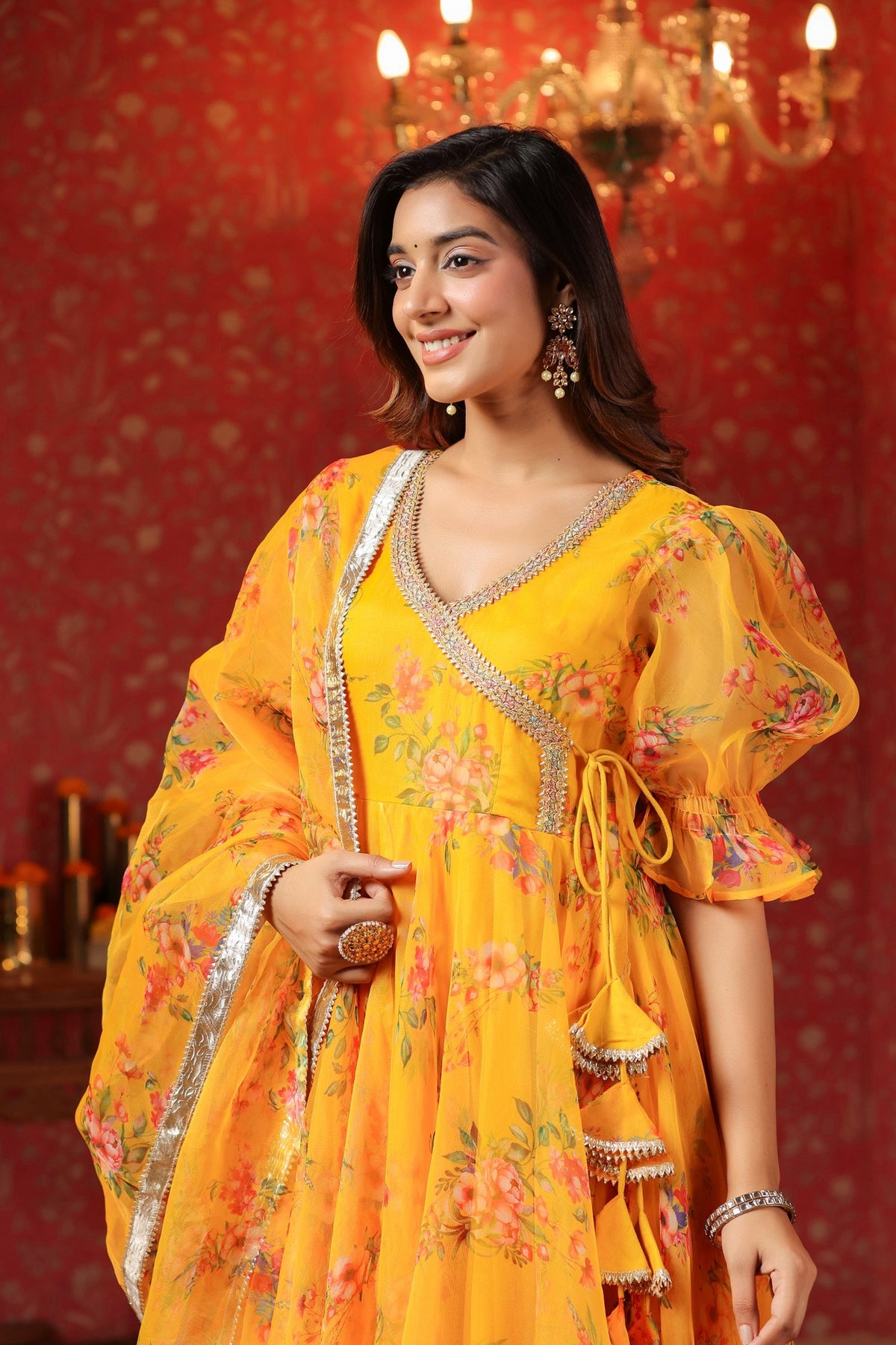 Saffron Yellow Organza Anarkali Set