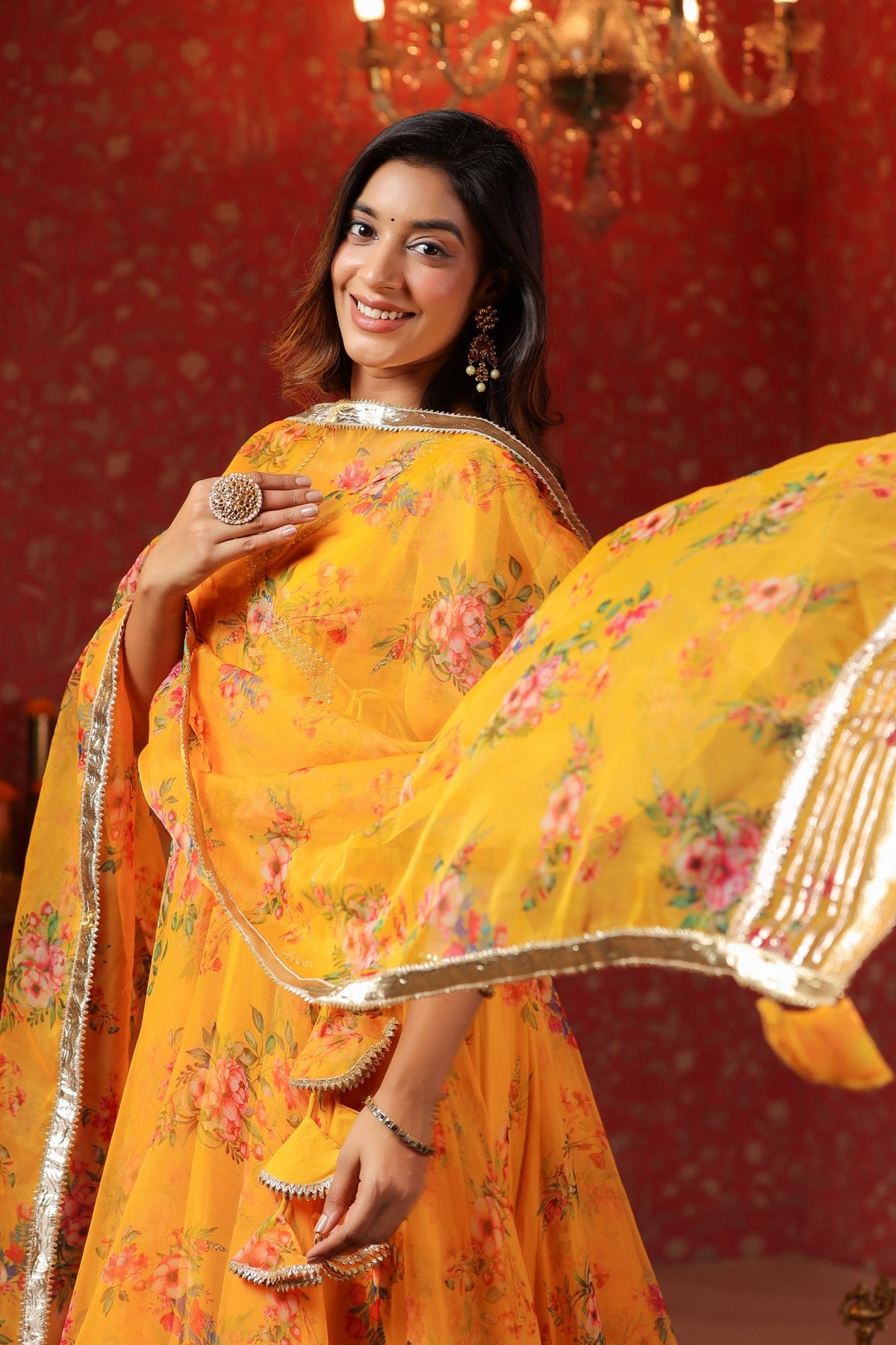 Saffron Yellow Organza Anarkali Set