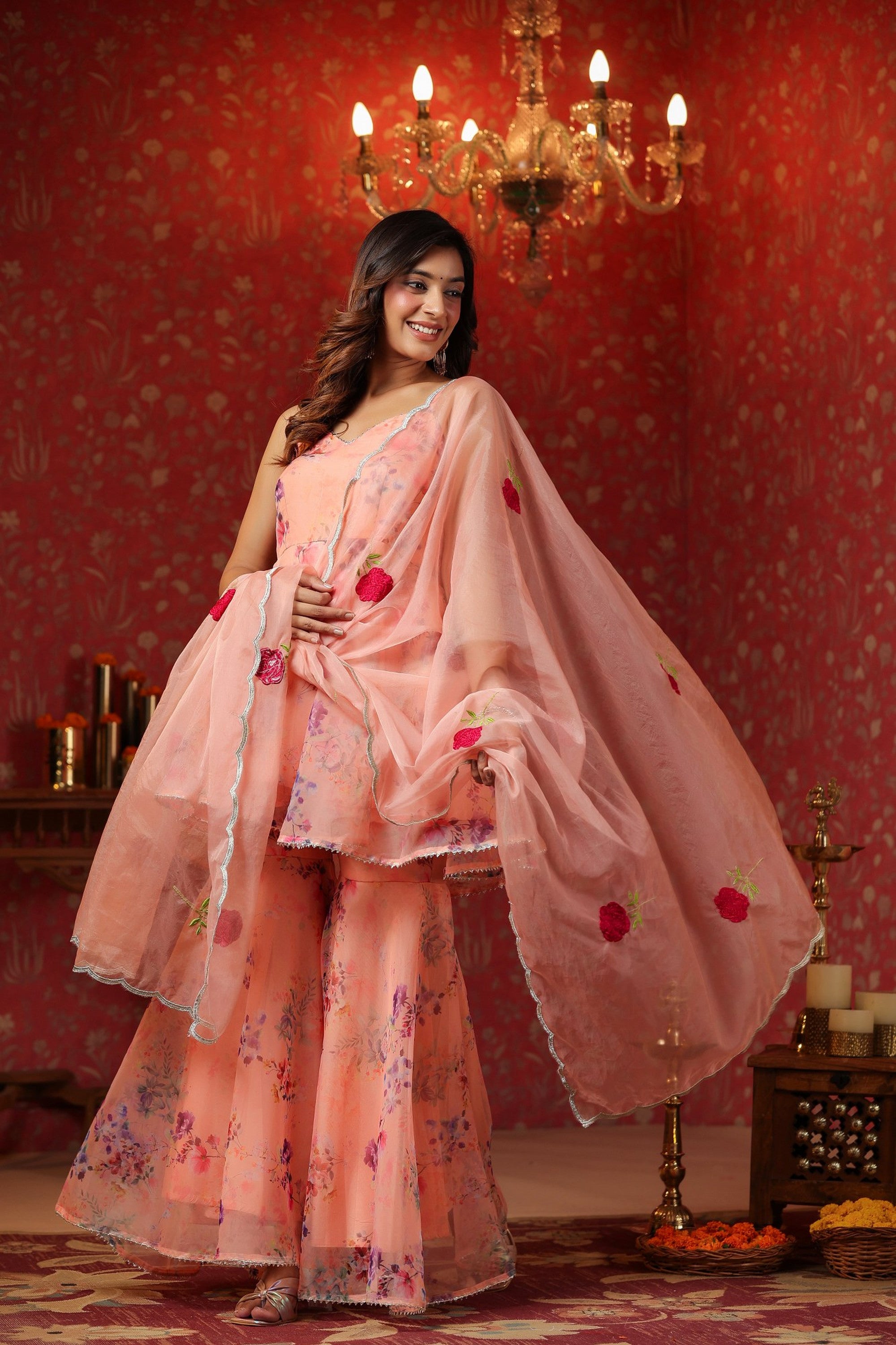 Salmon Organza Sharara Set