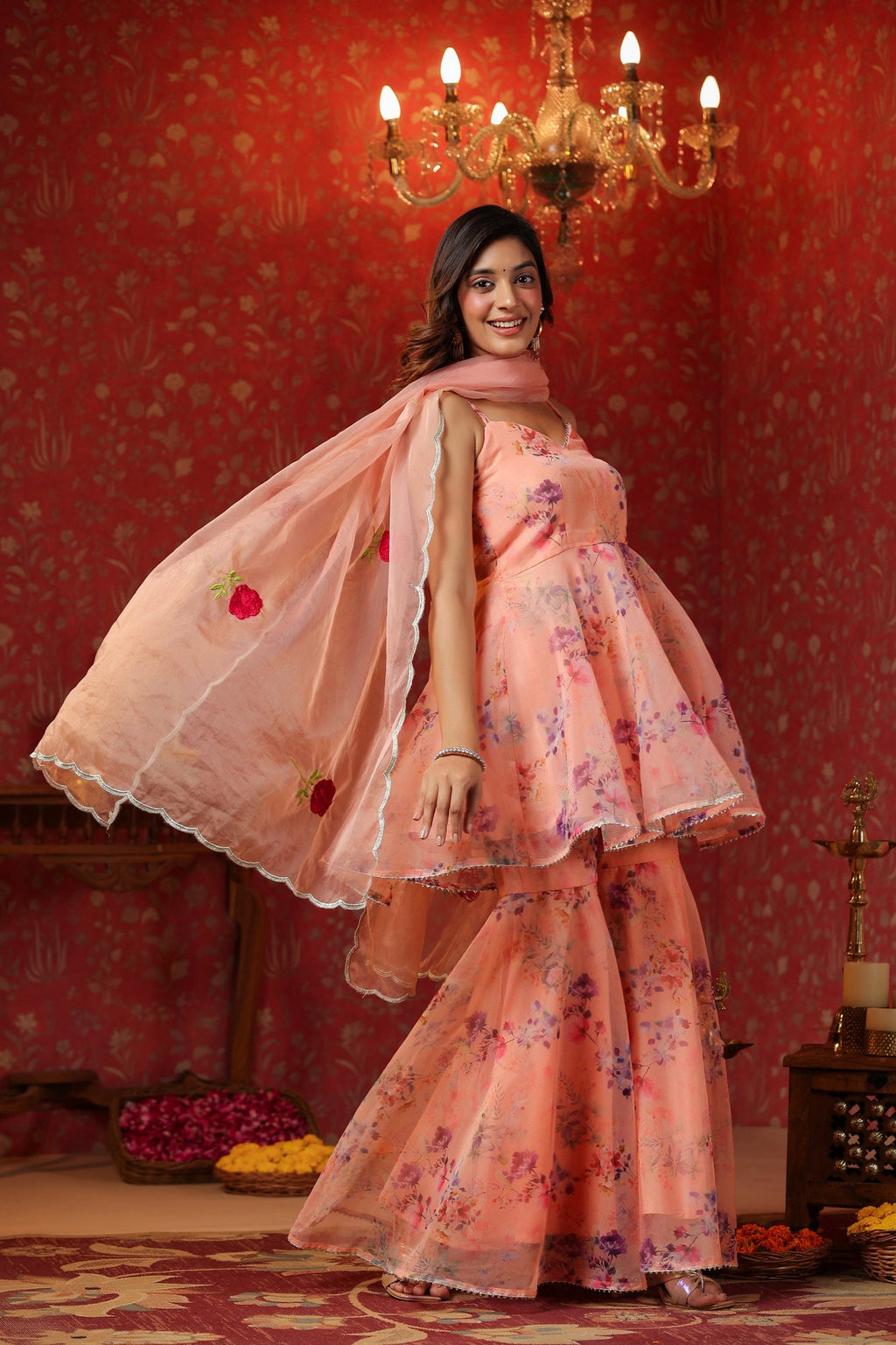 Salmon Organza Sharara Set