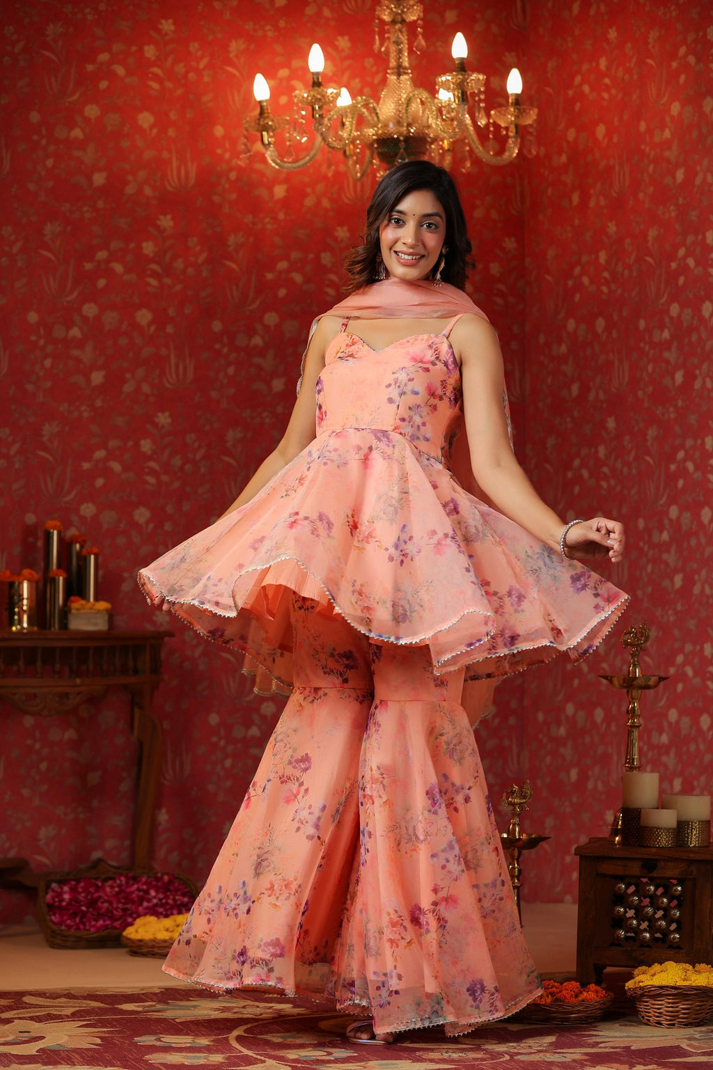 Salmon Organza Sharara Set