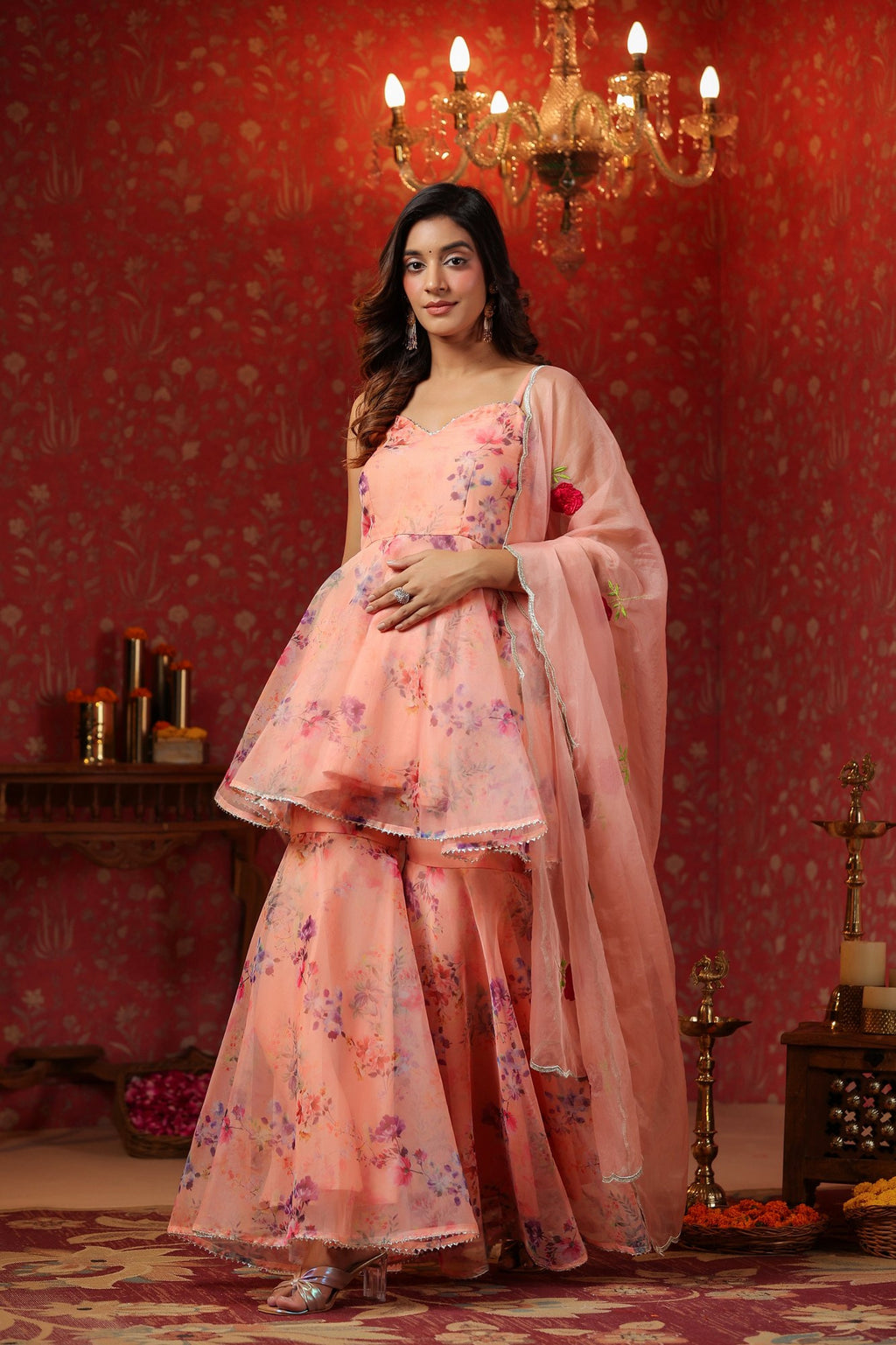 Salmon Organza Sharara Set