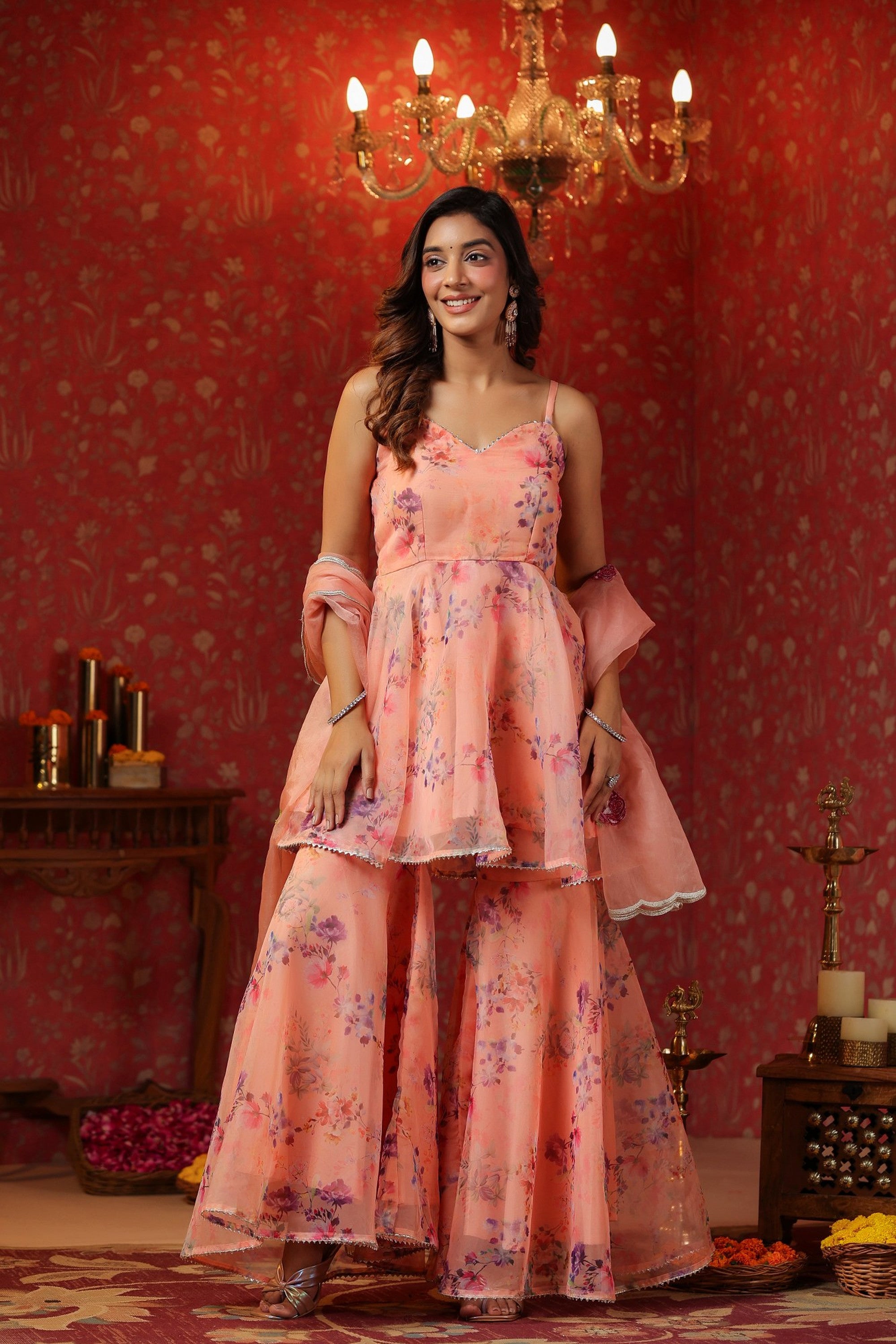 Salmon Organza Sharara Set