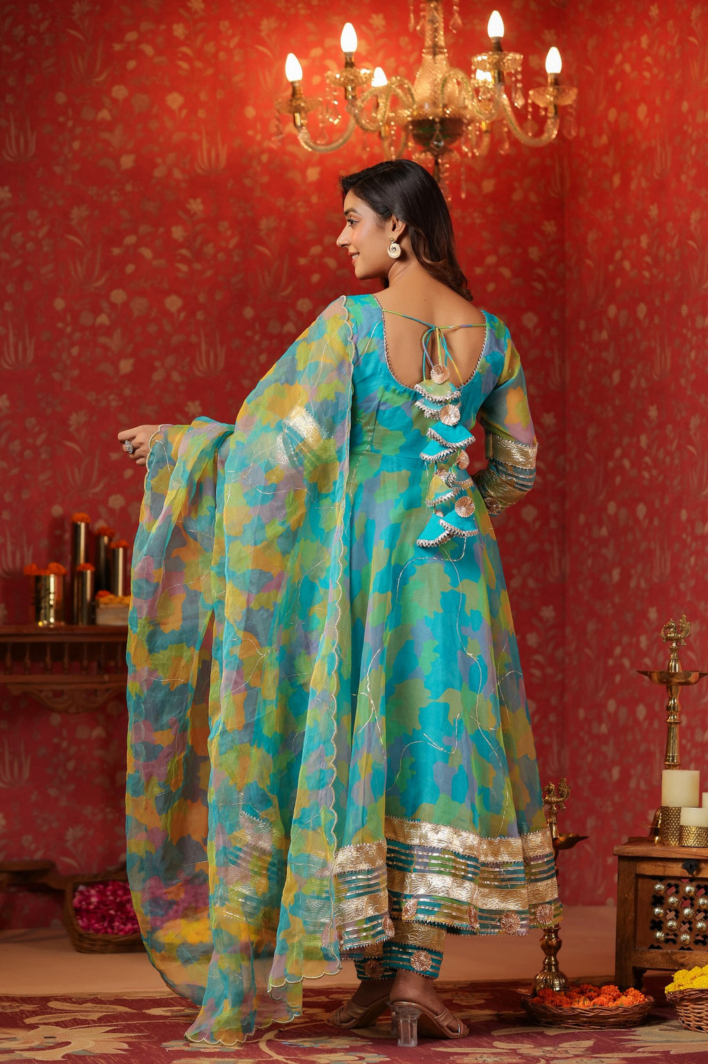 Cerulean Blue Organza Anarkali Suit Set