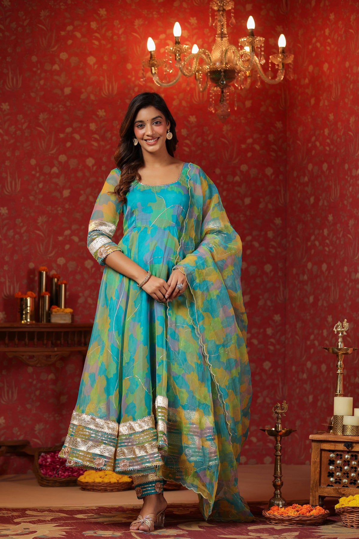 Cerulean Blue Organza Anarkali Suit Set