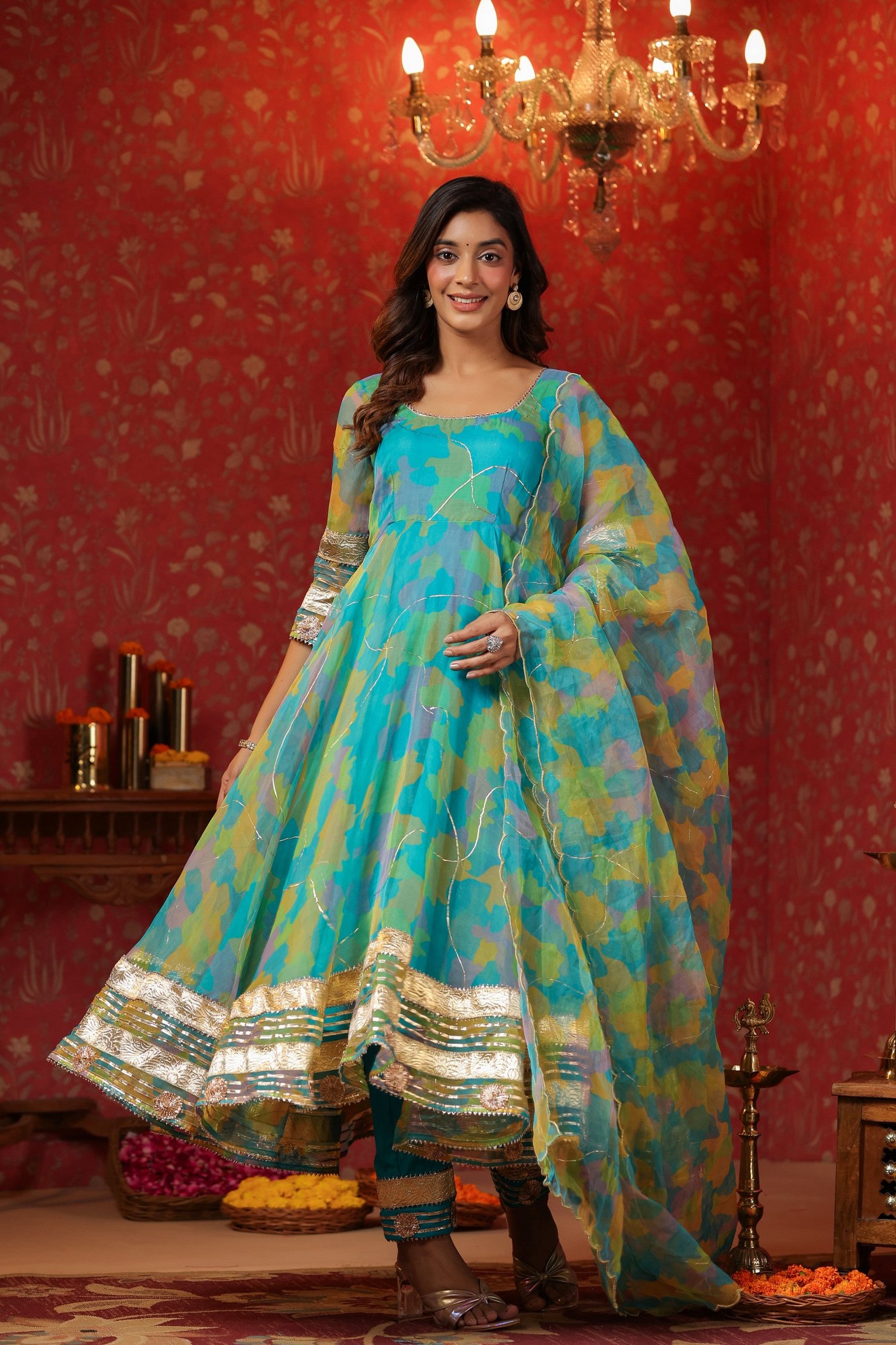 Cerulean Blue Organza Anarkali Suit Set