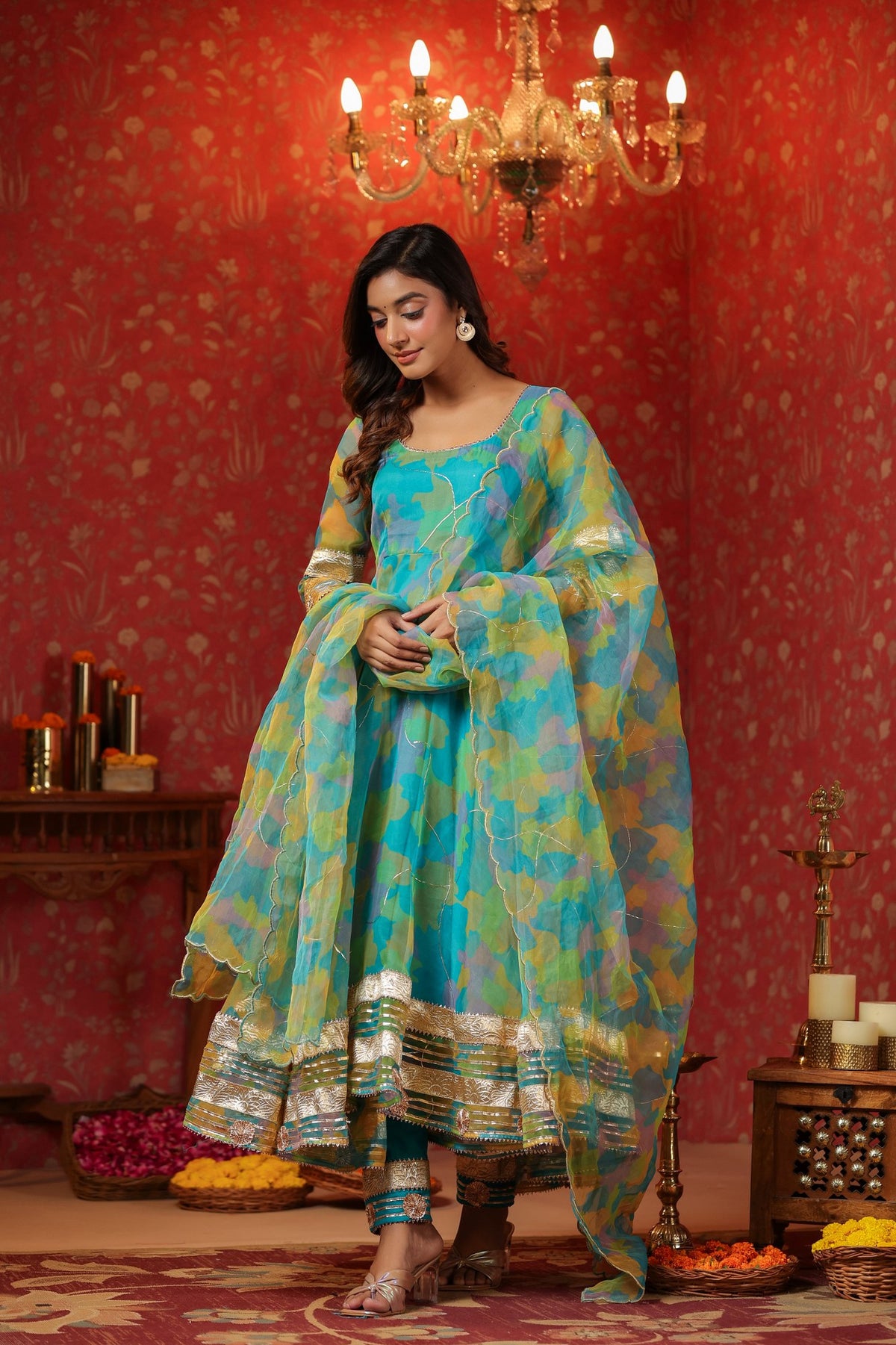 Cerulean Blue Organza Anarkali Suit Set