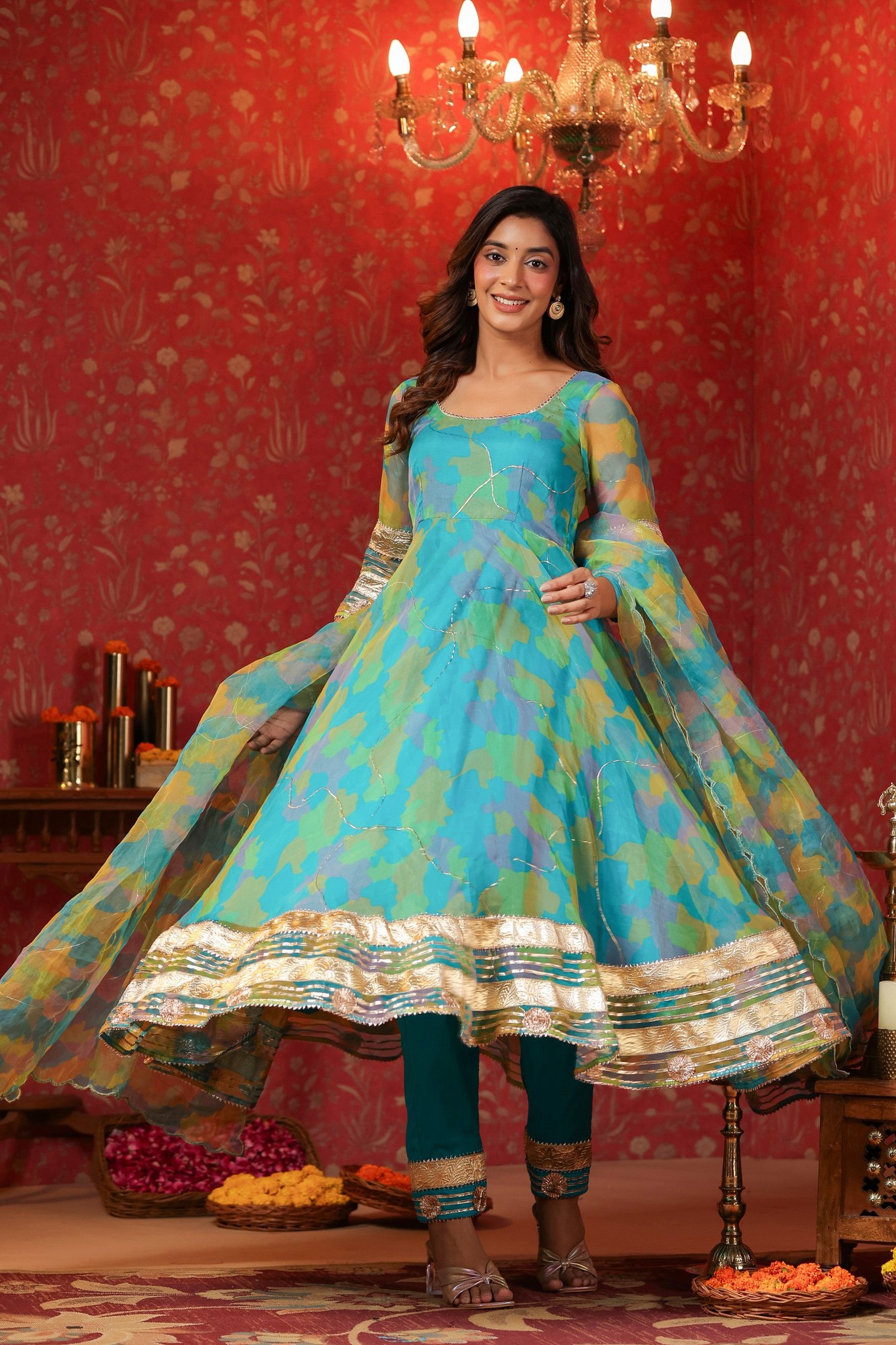 Cerulean Blue Organza Anarkali Suit Set