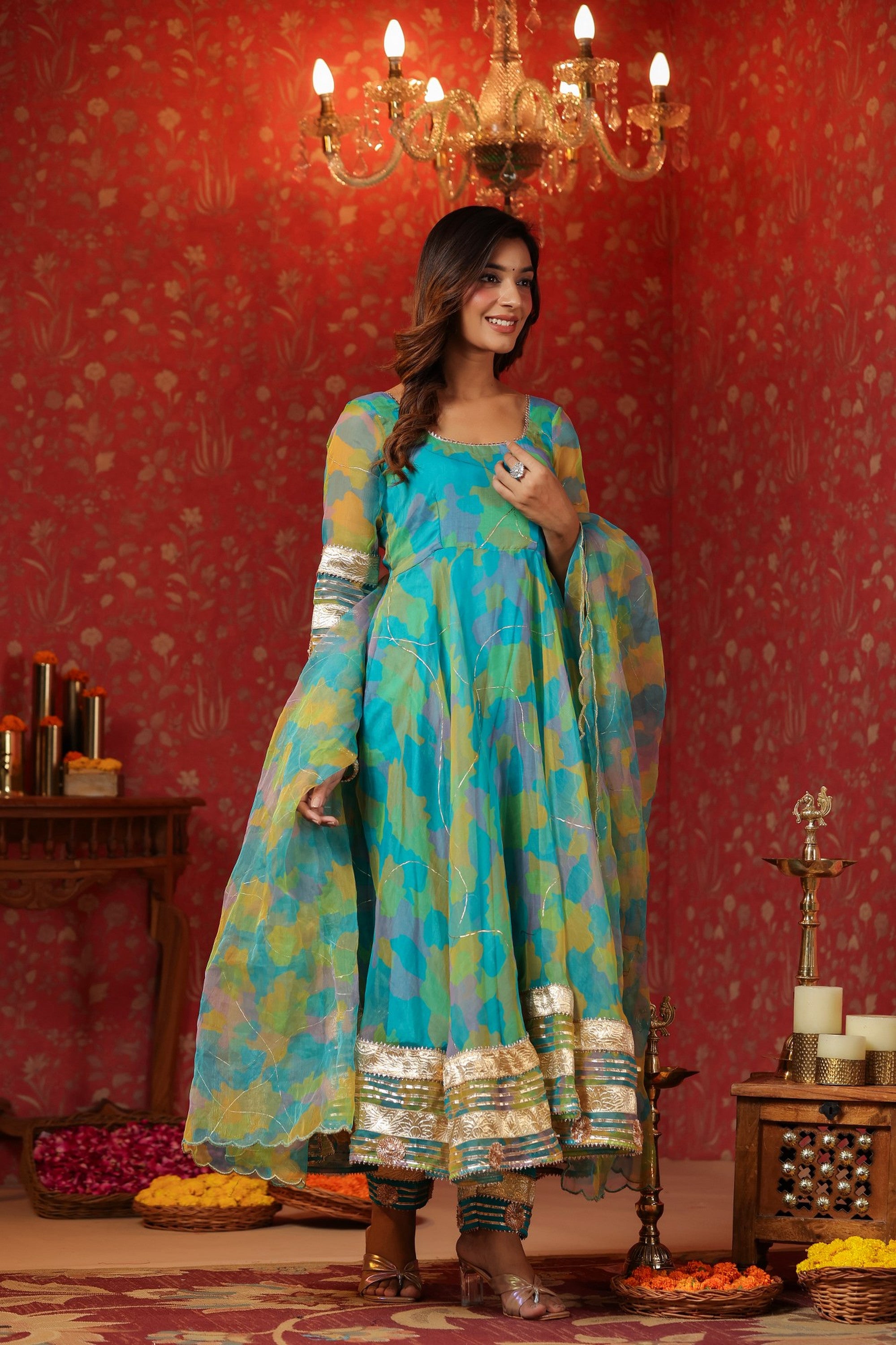 Cerulean Blue Organza Anarkali Suit Set