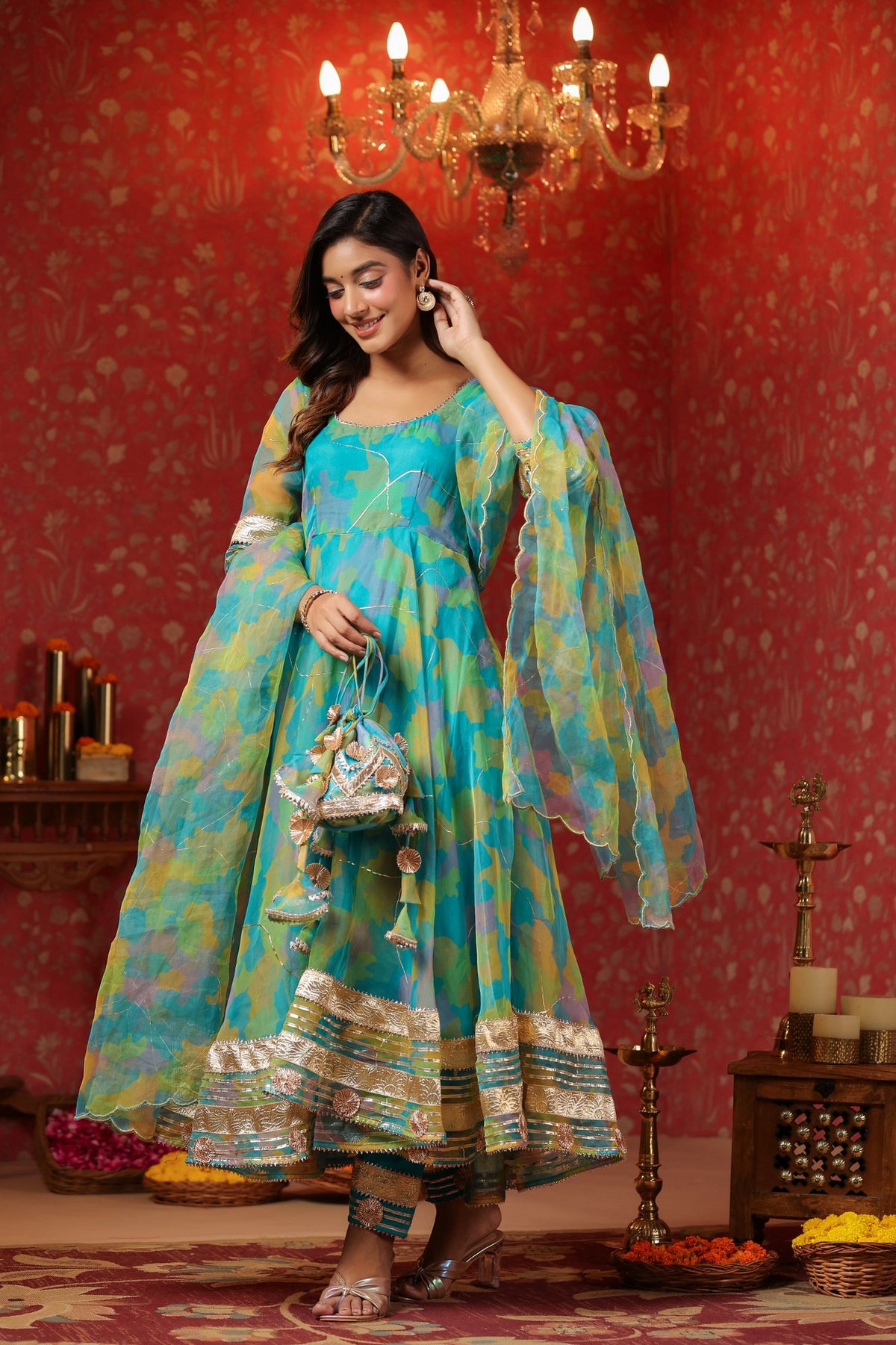 Cerulean Blue Organza Anarkali Suit Set