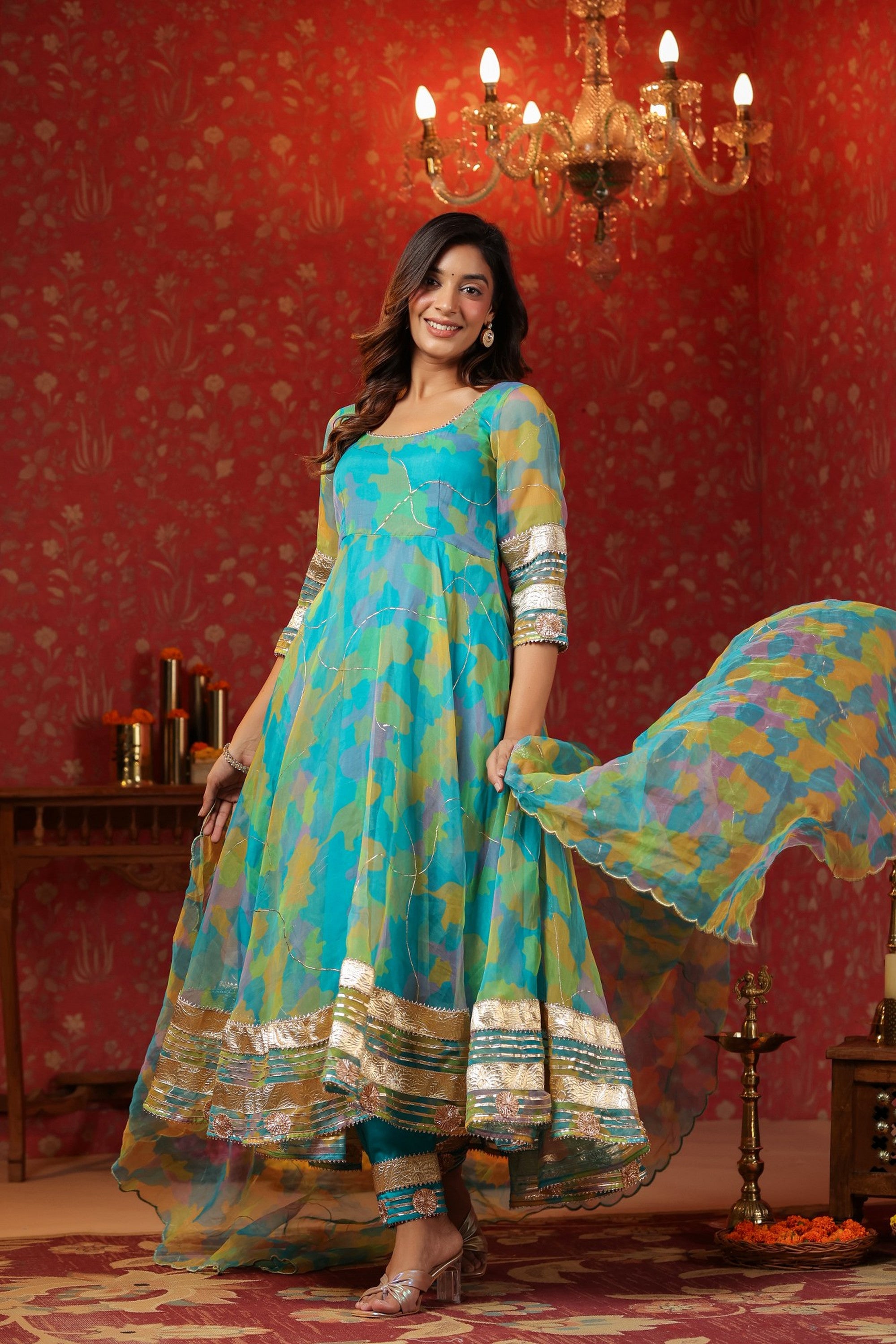 Cerulean Blue Organza Anarkali Suit Set