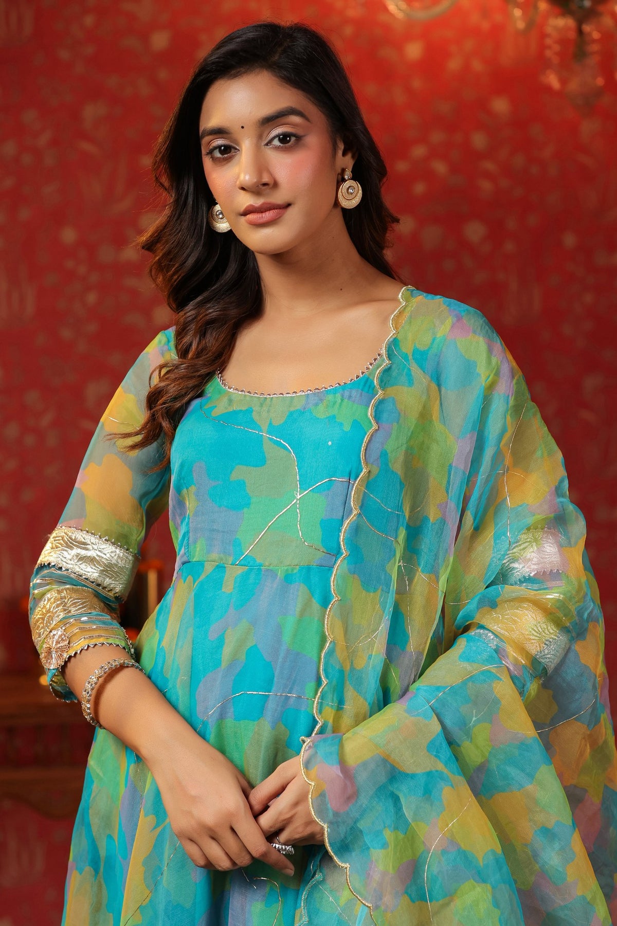 Cerulean Blue Organza Anarkali Suit Set