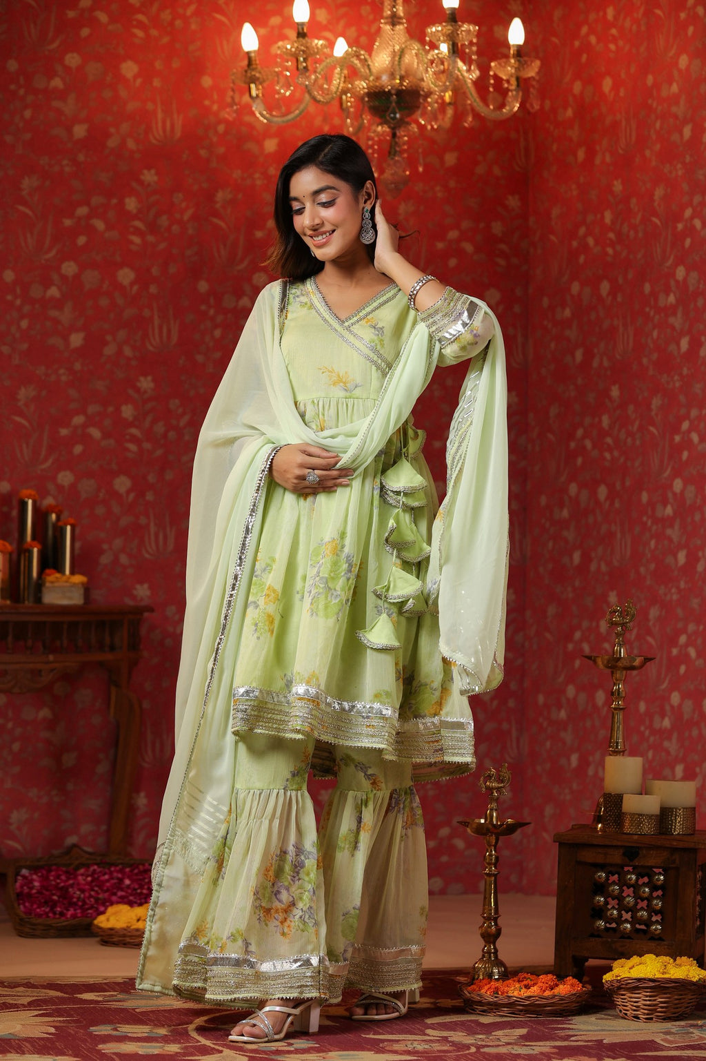 Cardamom Chiffon Sharara Set