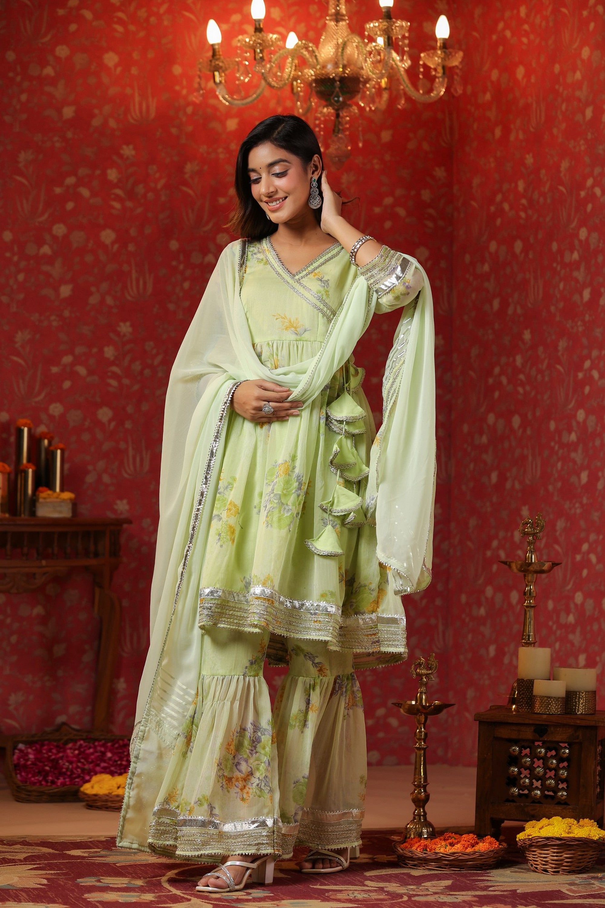 Cardamom Chiffon Sharara Set