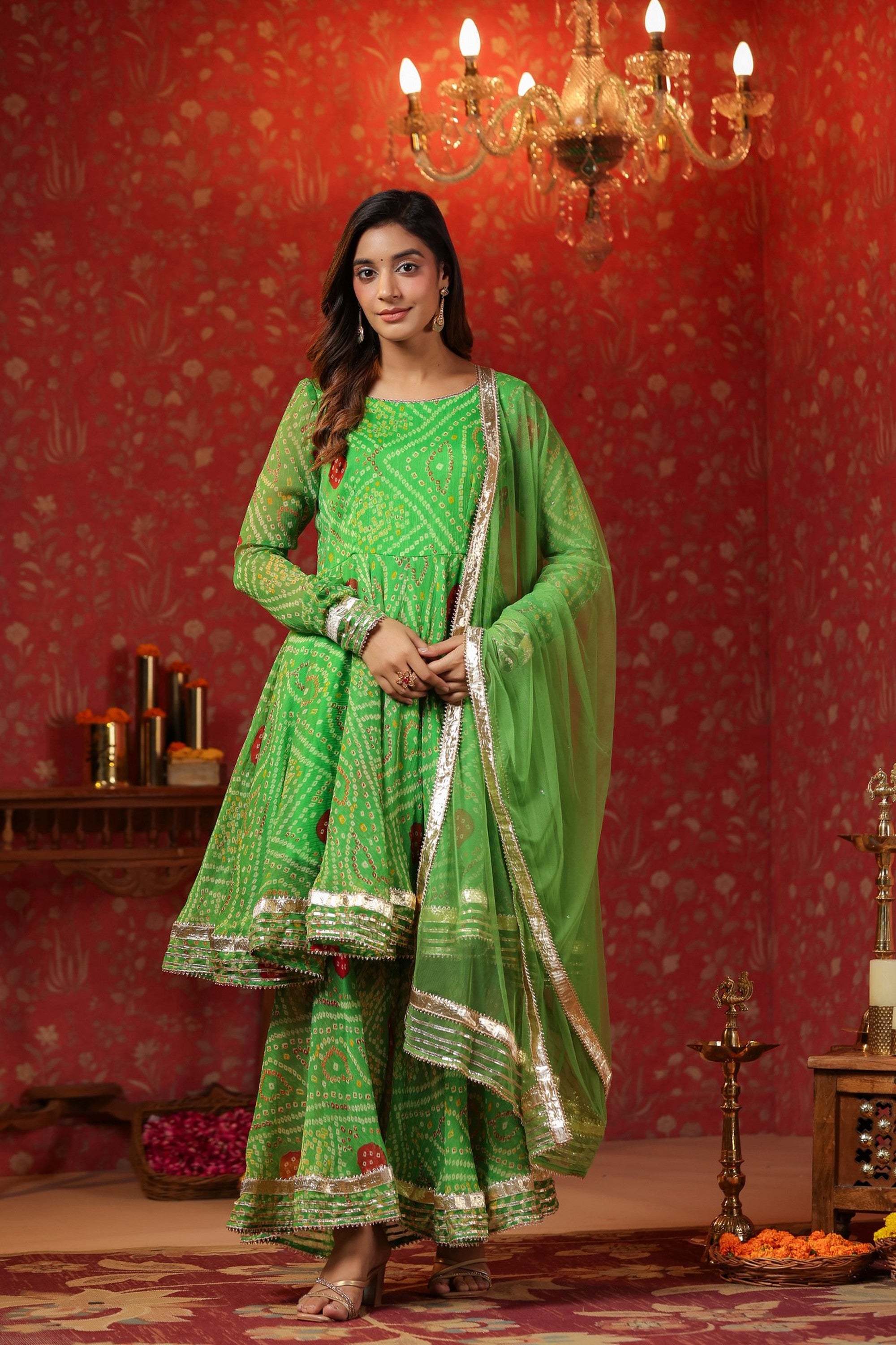 Apple Green Bandhani Print Sharara Set With Gota Lace Work