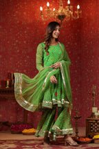 Apple Green Bandhani Print Sharara Set With Gota Lace Work