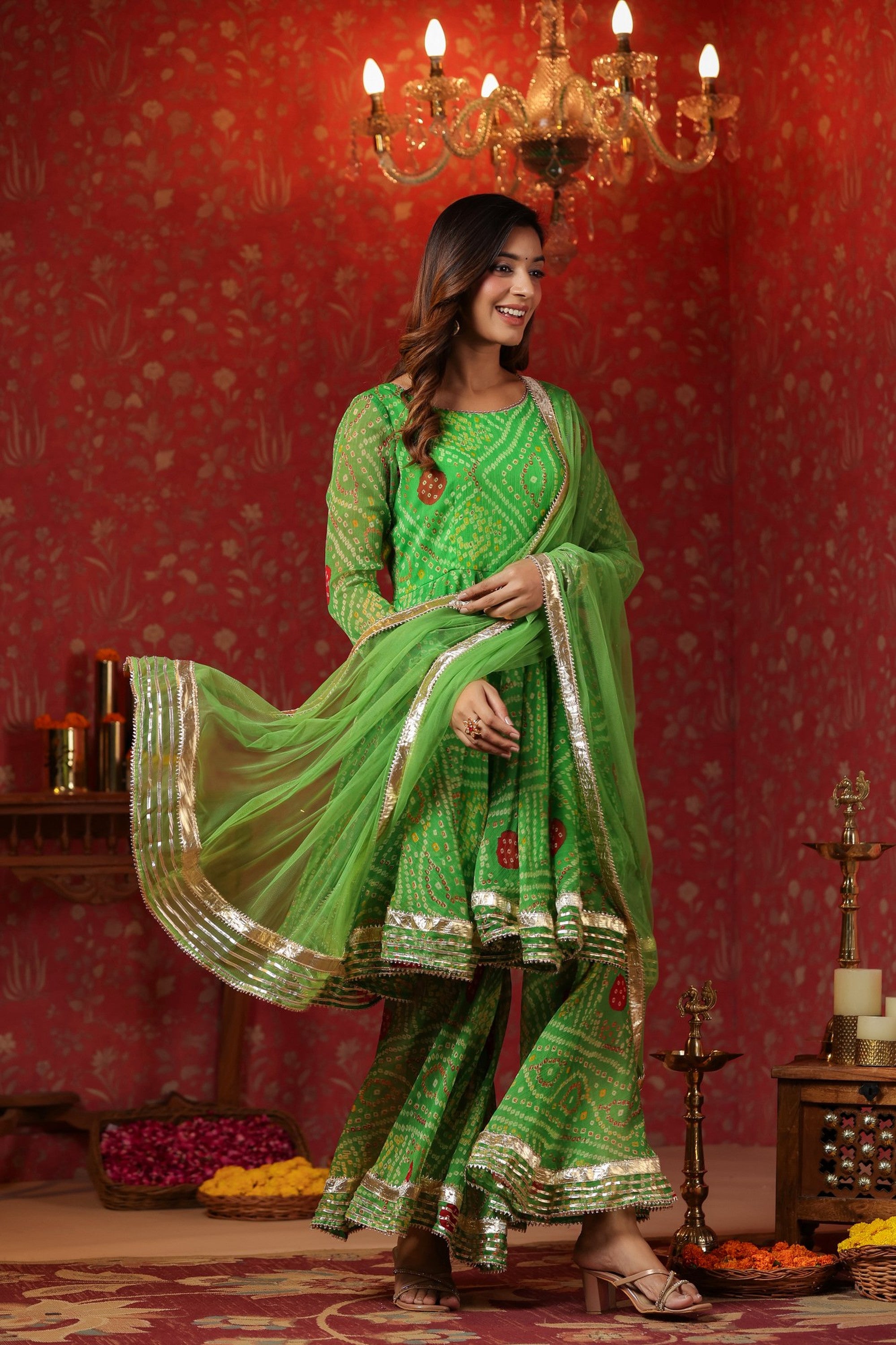 Apple Green Bandhani Print Sharara Set With Gota Lace Work