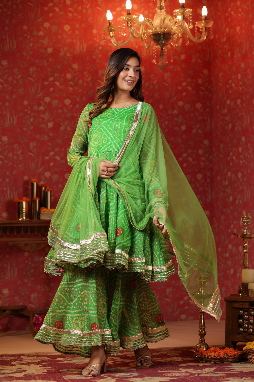 Apple Green Bandhani Print Sharara Set With Gota Lace Work