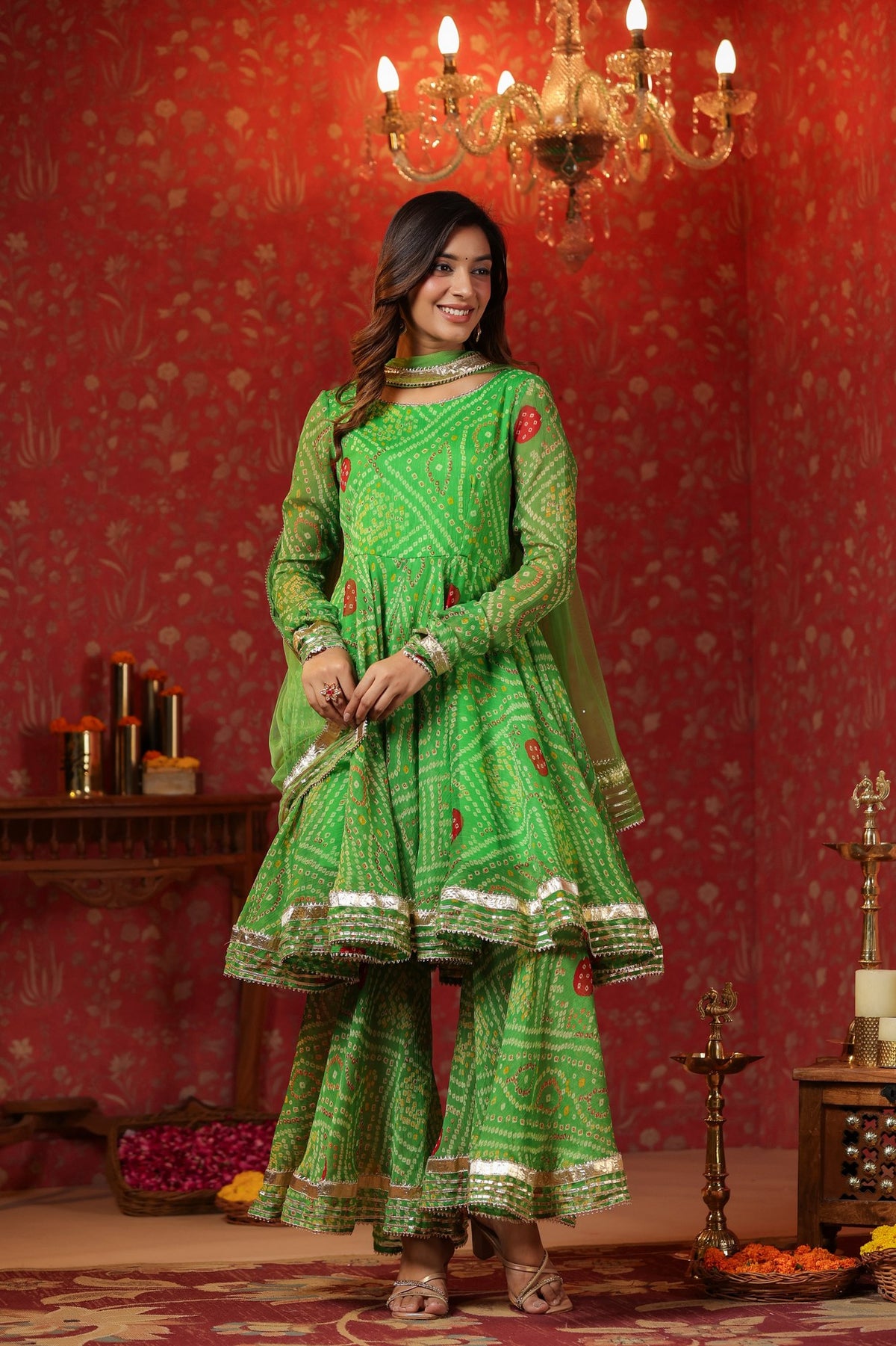Apple Green Bandhani Print Sharara Set With Gota Lace Work