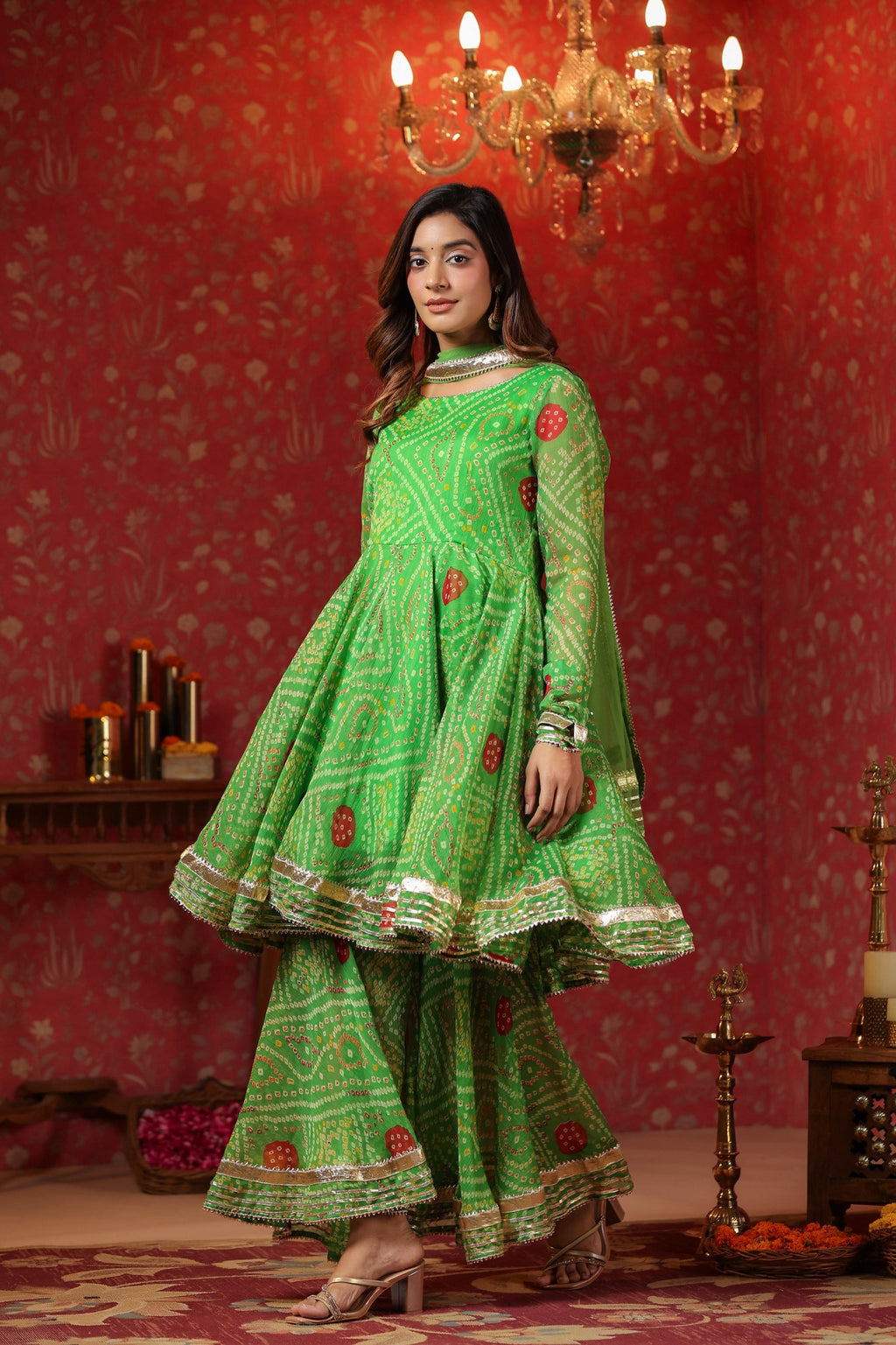 Apple Green Bandhani Print Sharara Set With Gota Lace Work