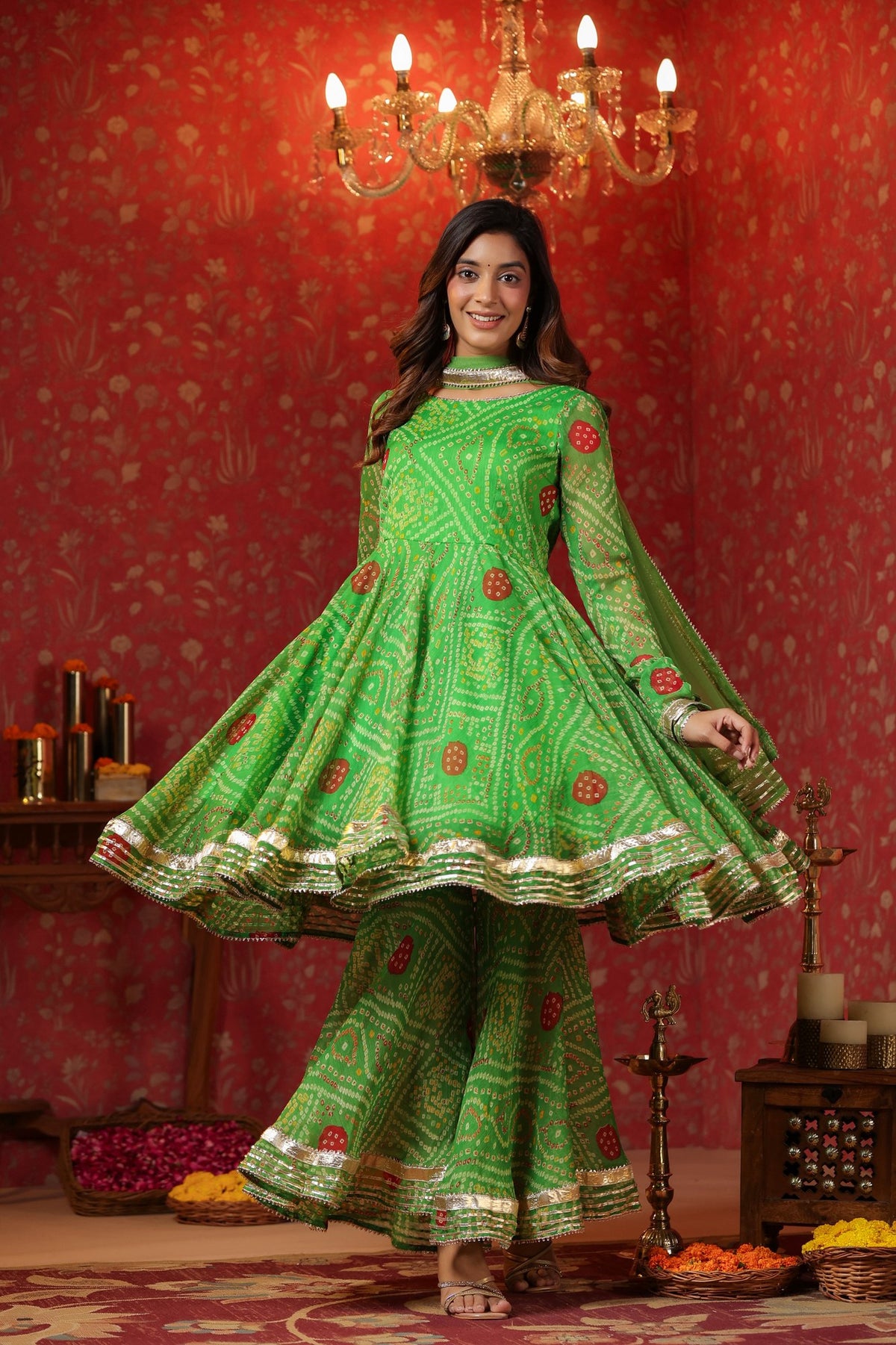 Apple Green Bandhani Print Sharara Set With Gota Lace Work