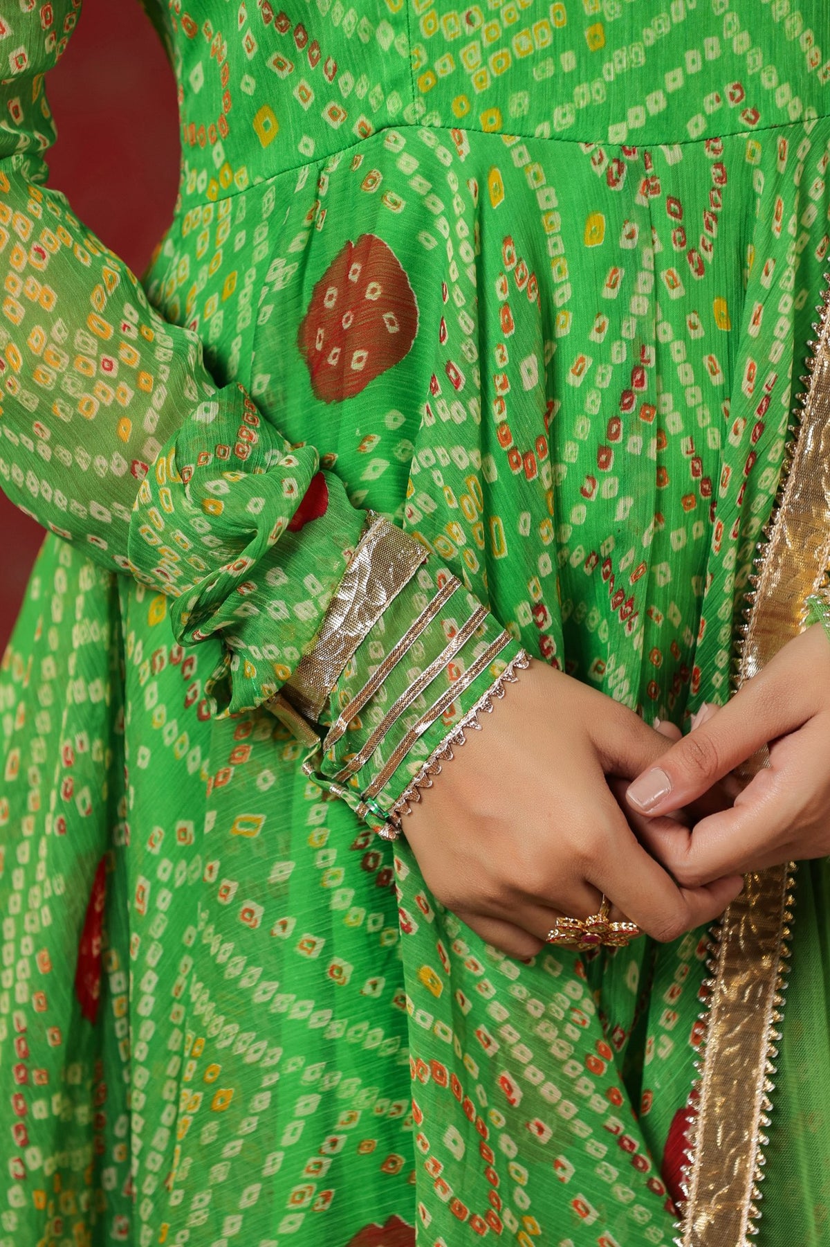 Apple Green Bandhani Print Sharara Set With Gota Lace Work