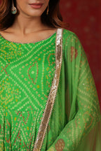 Apple Green Bandhani Print Sharara Set With Gota Lace Work