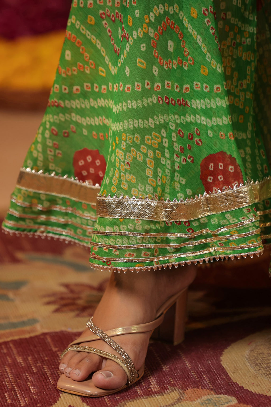Apple Green Bandhani Print Sharara Set With Gota Lace Work