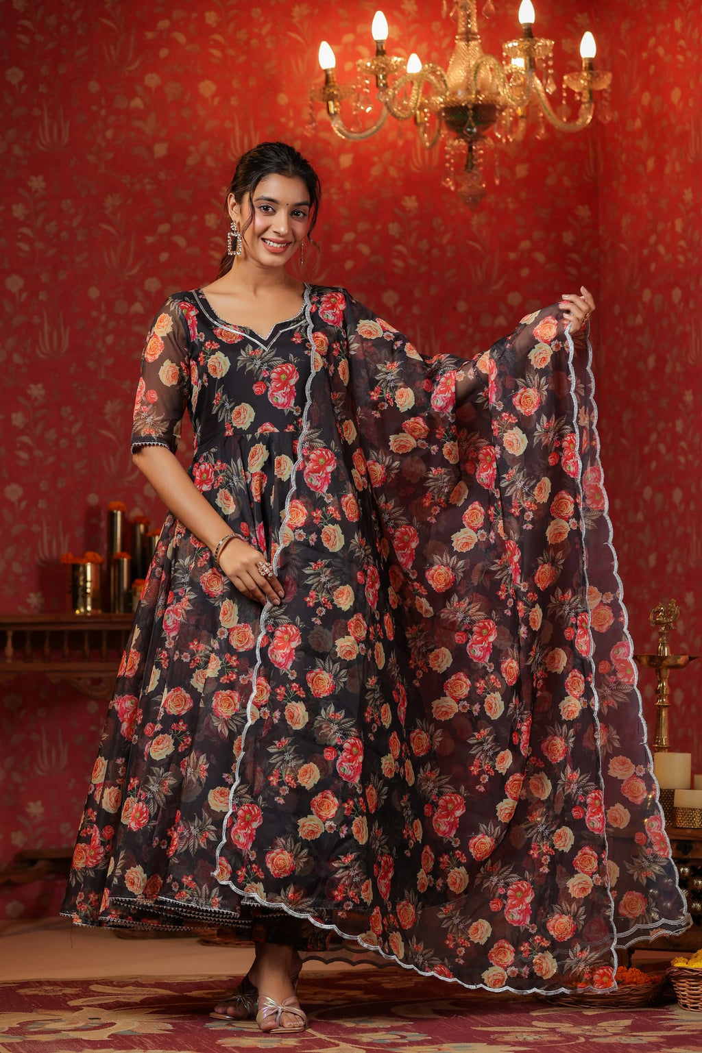 Woodsmoke Black Organza Anarkali Set