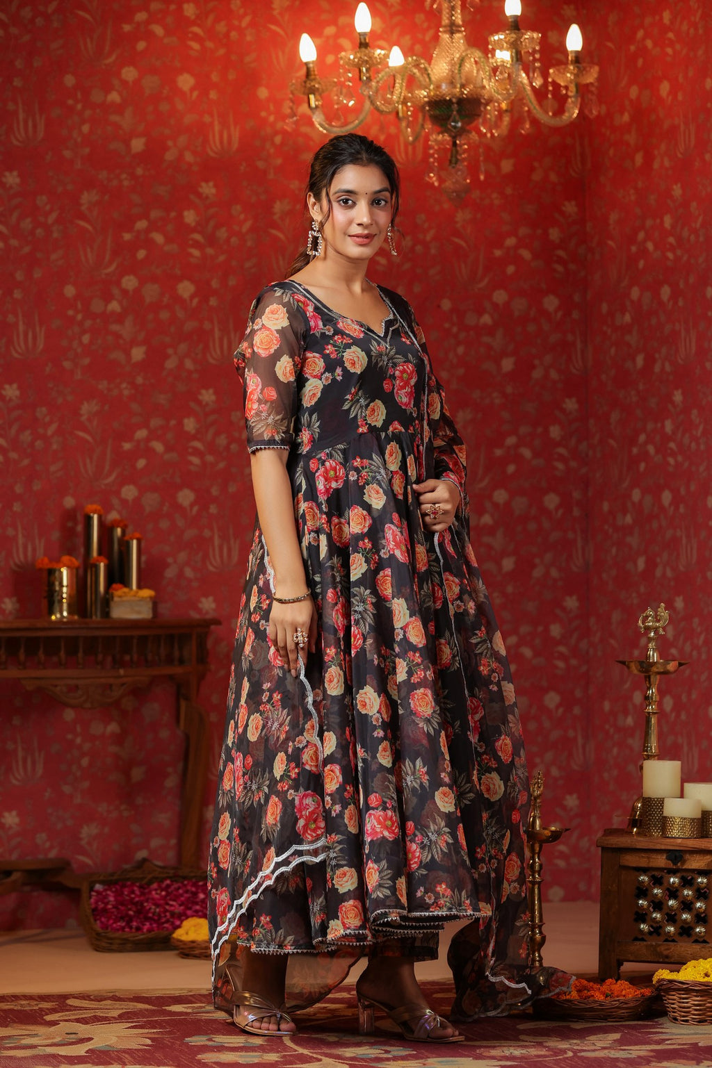 Woodsmoke Black Organza Anarkali Set