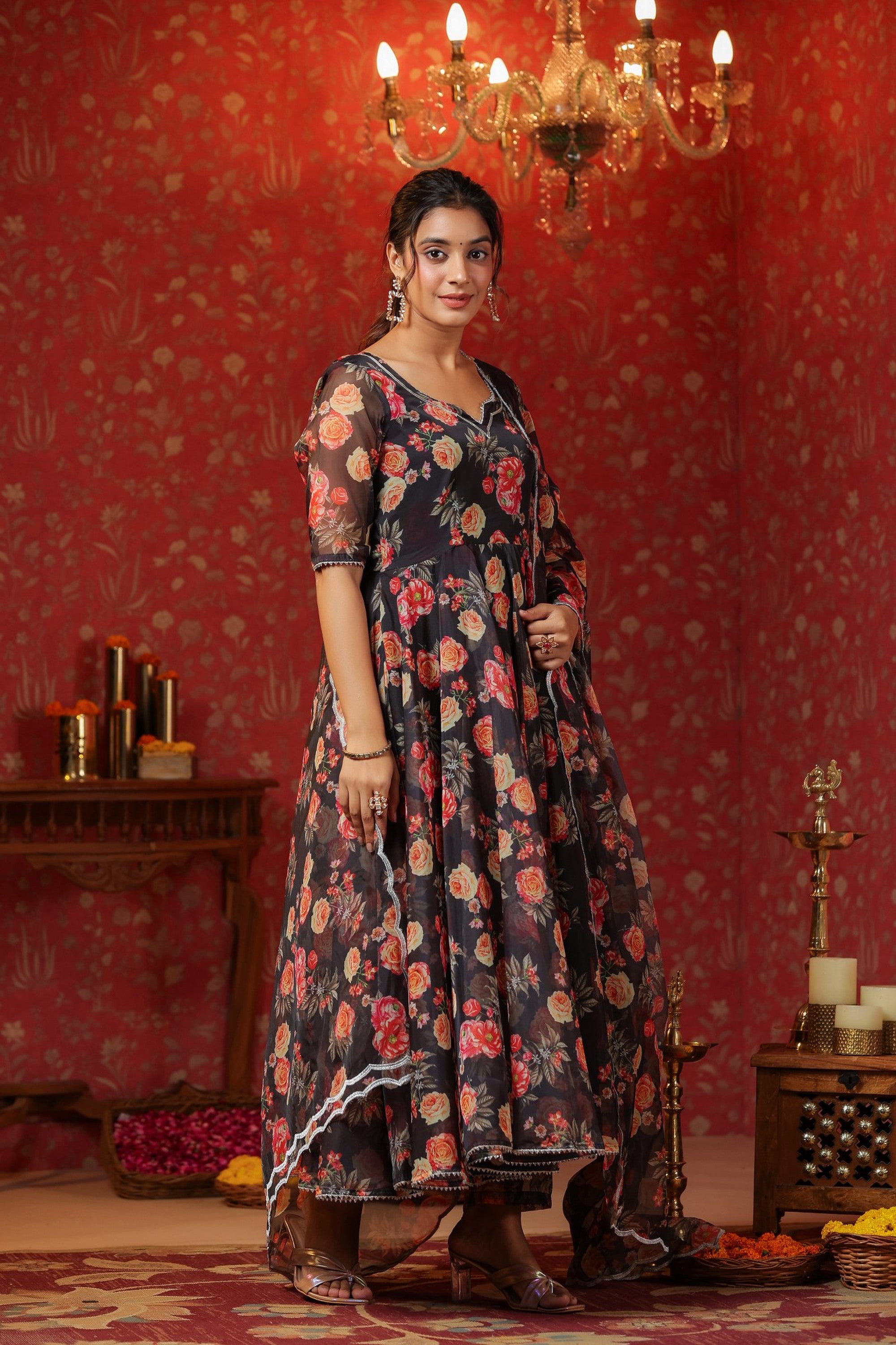 Woodsmoke Black Organza Anarkali Set