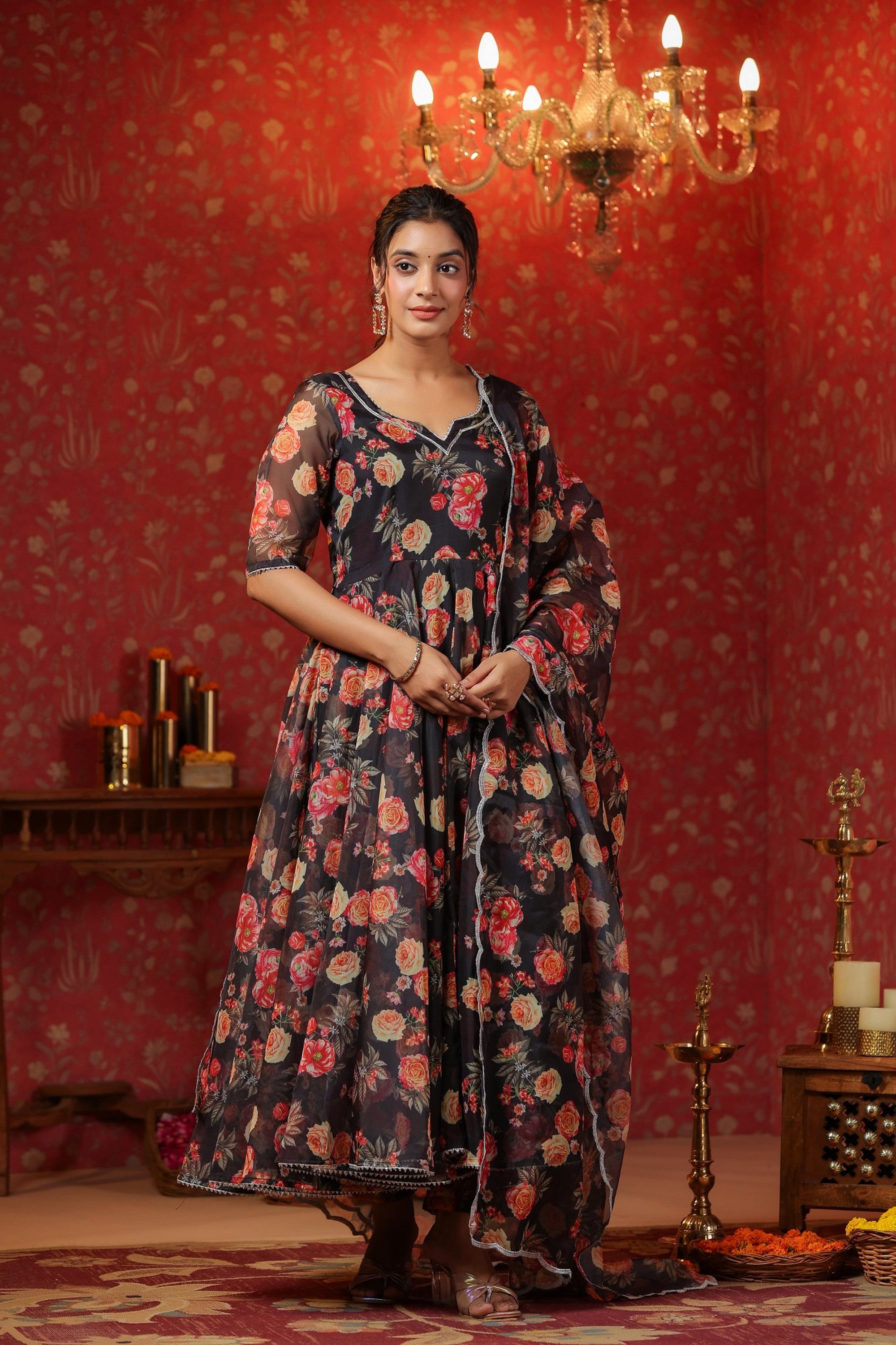 Woodsmoke Black Organza Anarkali Set