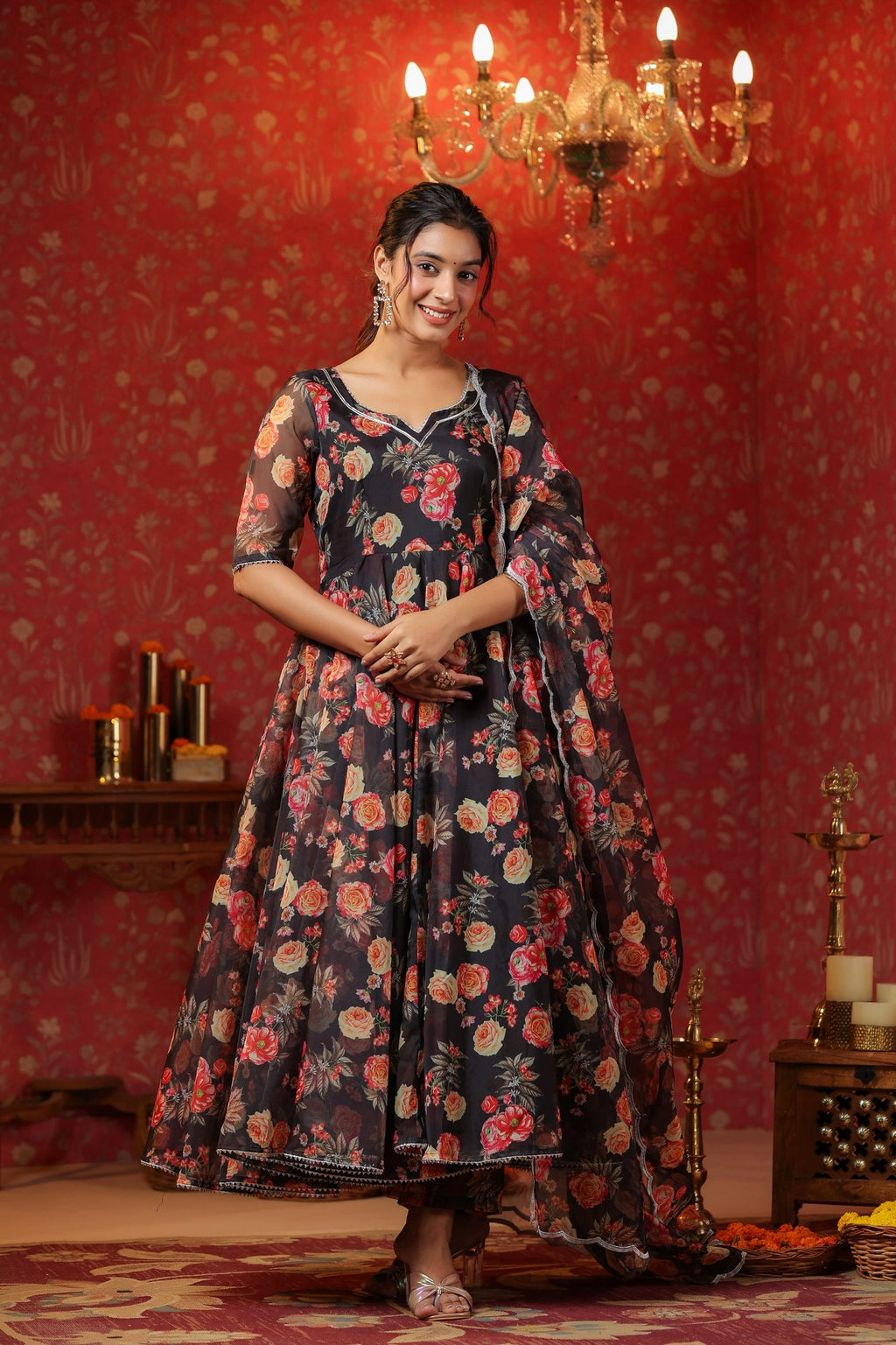 Woodsmoke Black Organza Anarkali Set