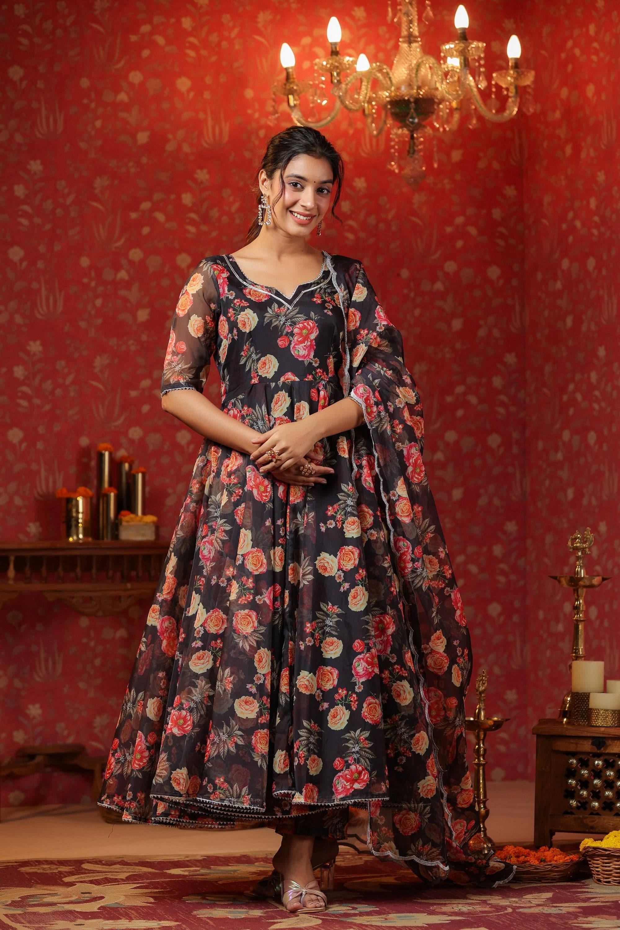 Woodsmoke Black Organza Anarkali Set