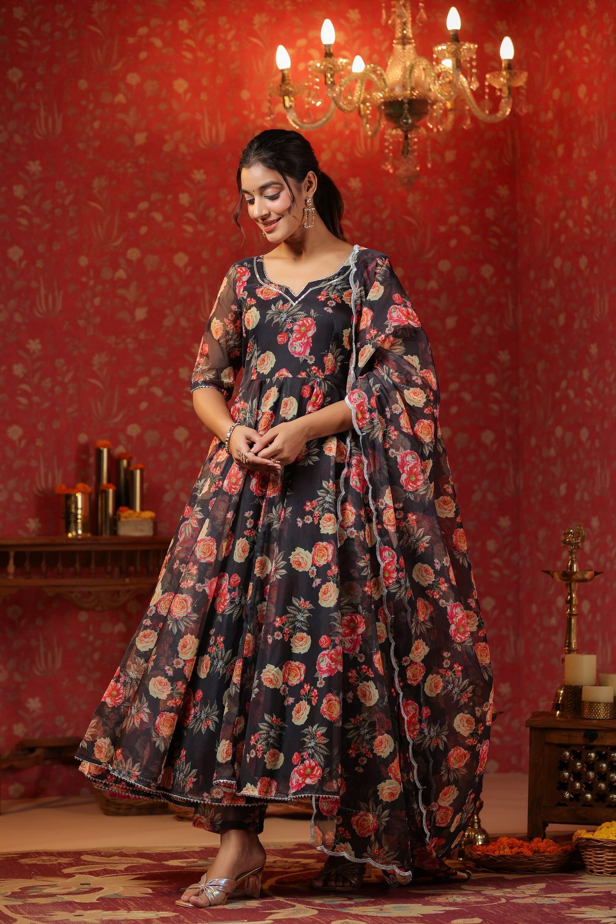 Woodsmoke Black Organza Anarkali Set