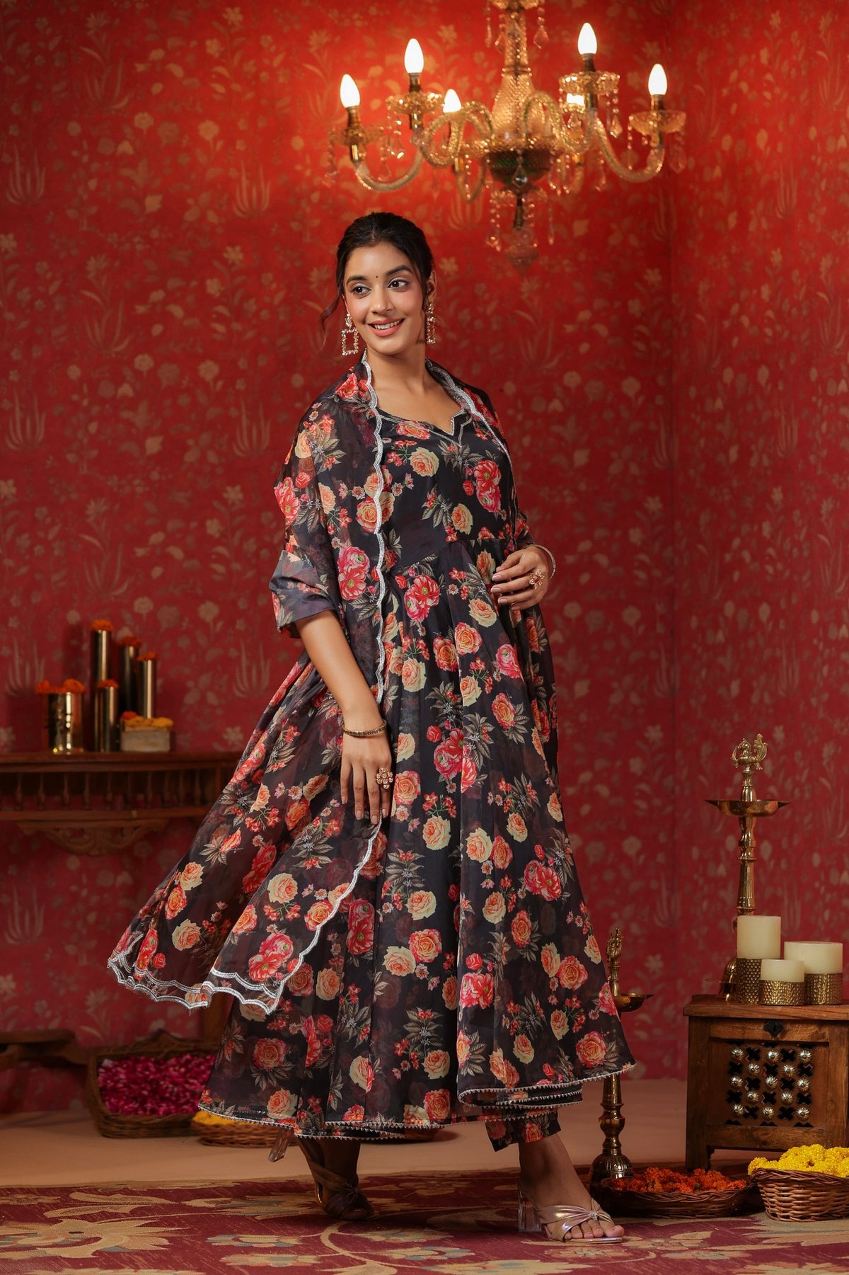 Woodsmoke Black Organza Anarkali Set
